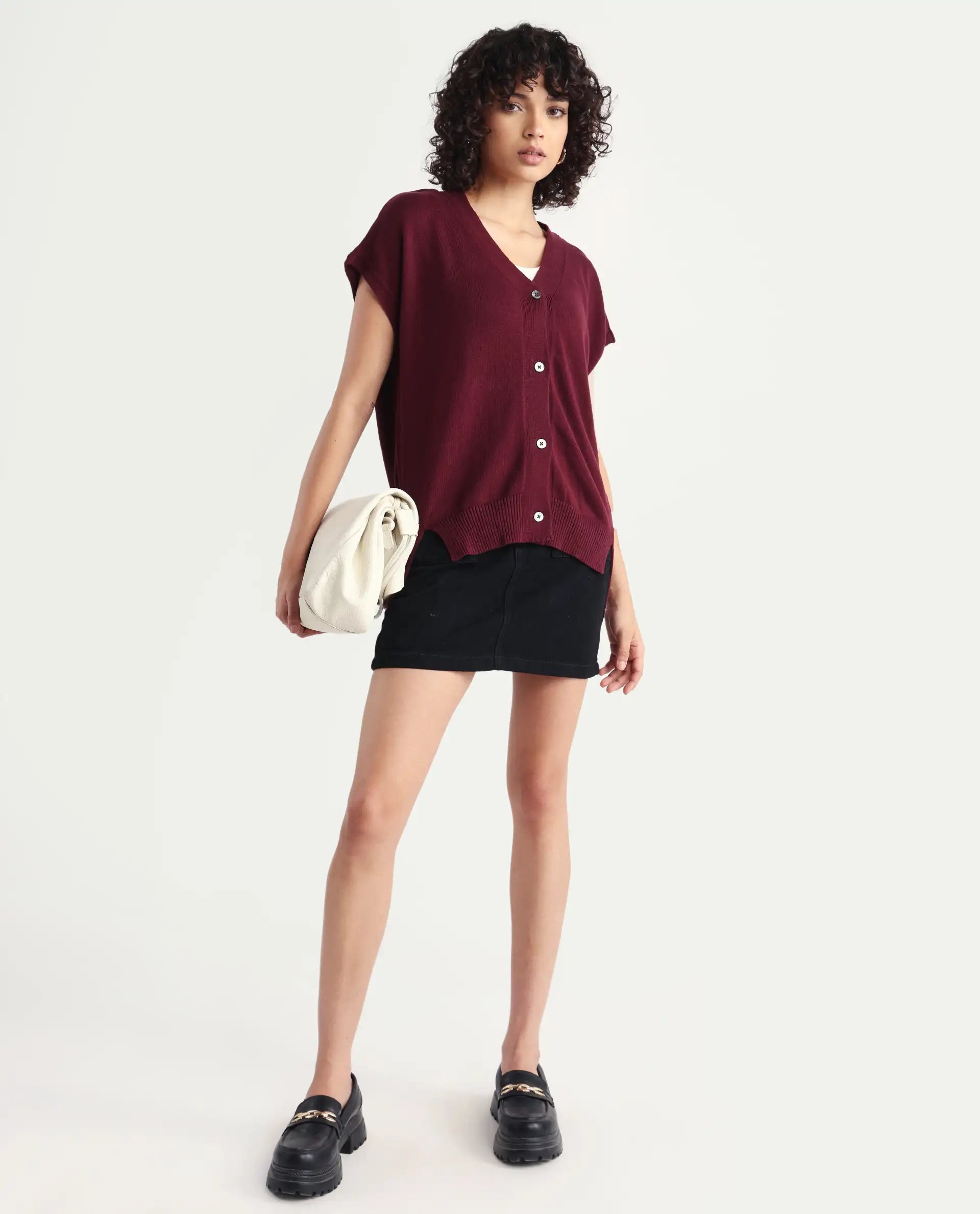 Rareism Women's Pave Maroon Cotton V-Neck Plain Extended Sleeves Regular Fit Sweater