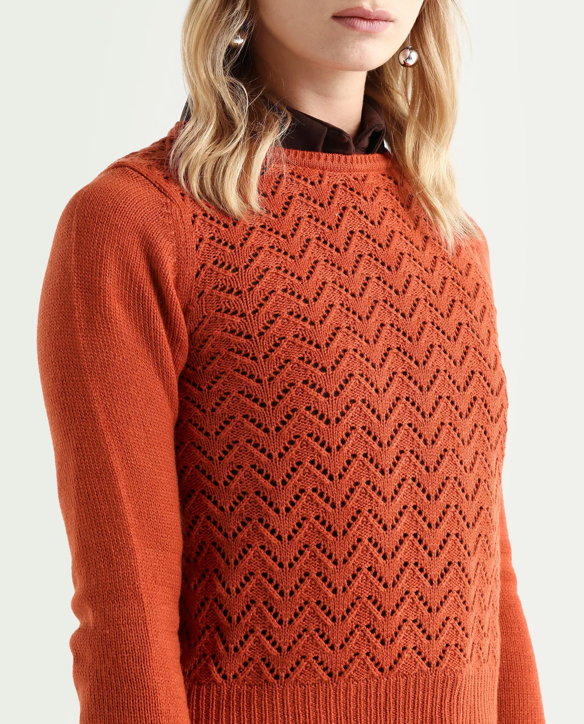 Rareism Women's Sami Orange Acrylic Crew Neck Plain Slim Fit Sweater