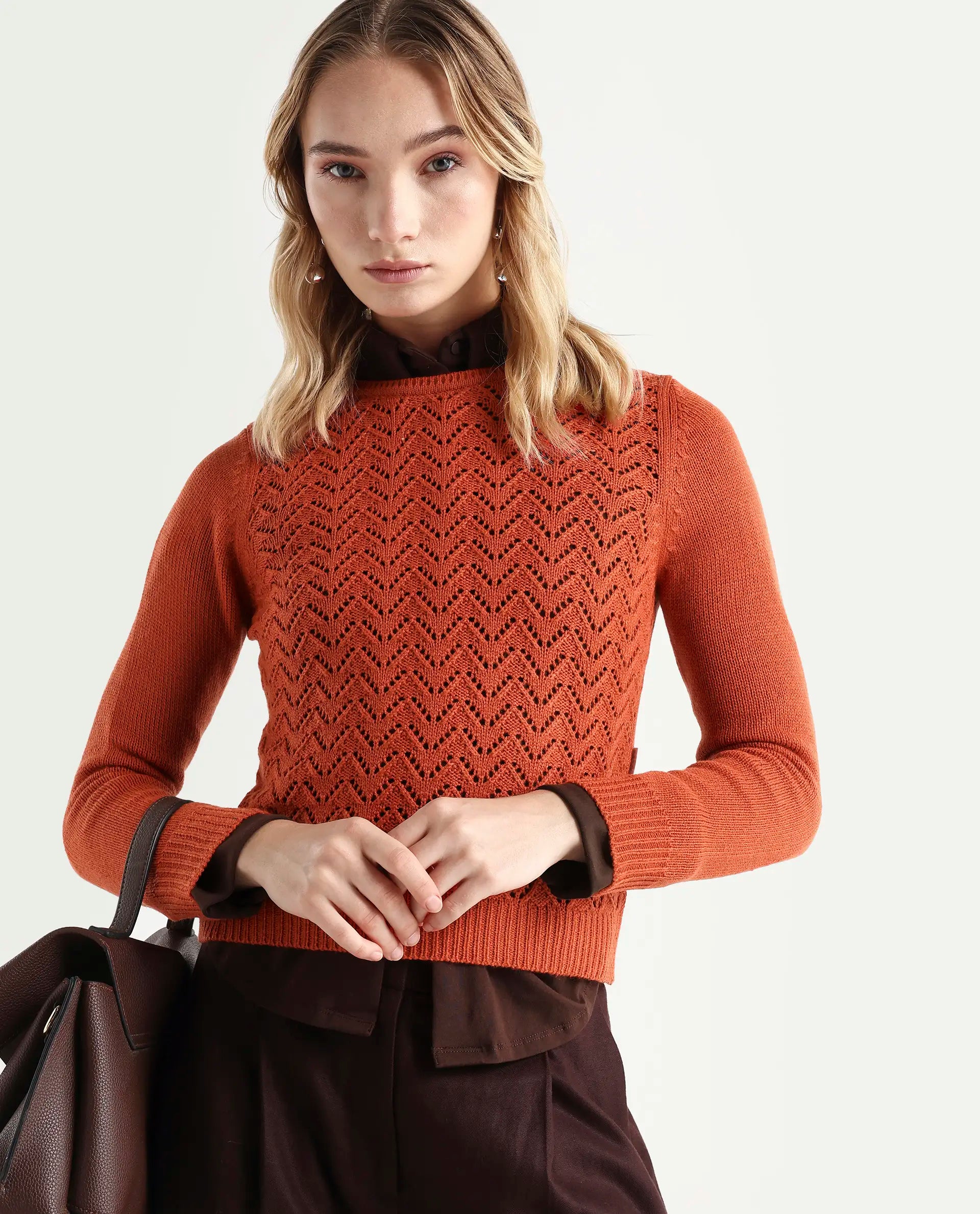 Rareism Women's Sami Orange Acrylic Crew Neck Plain Slim Fit Sweater