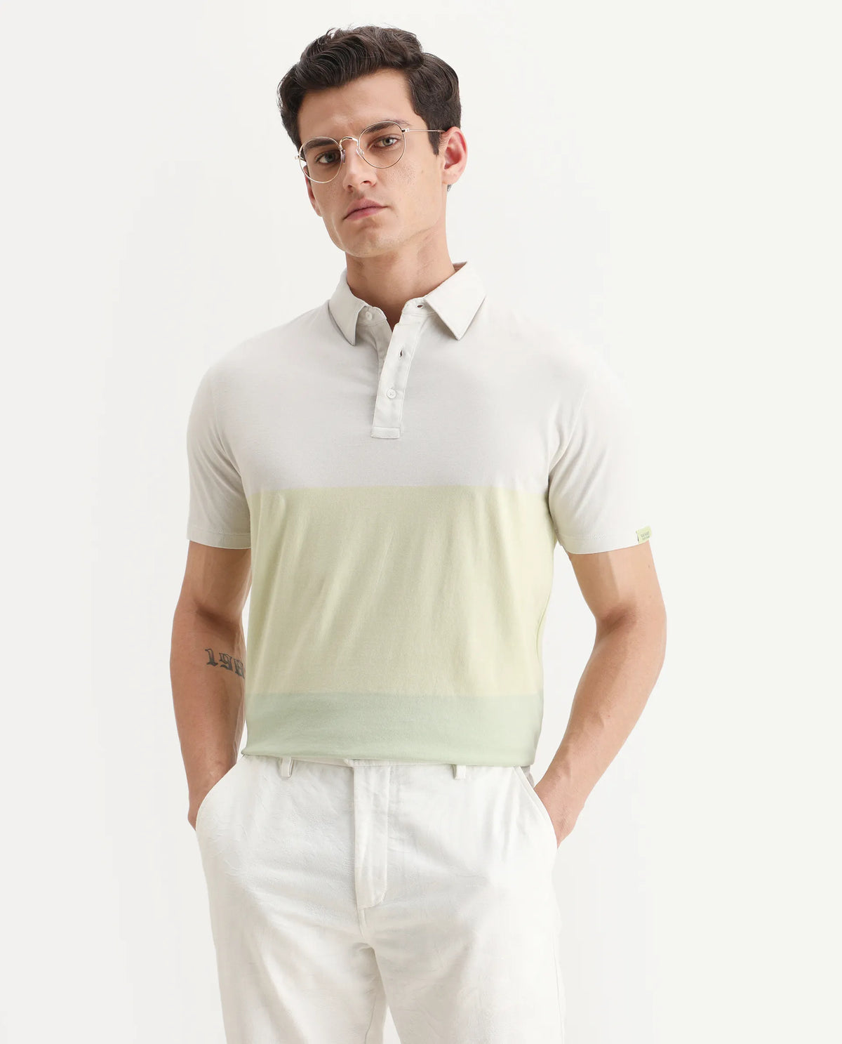 Rare Rabbit Men's Blocky Green Cotton Ombre Slim Fit Half Sleeve Polo