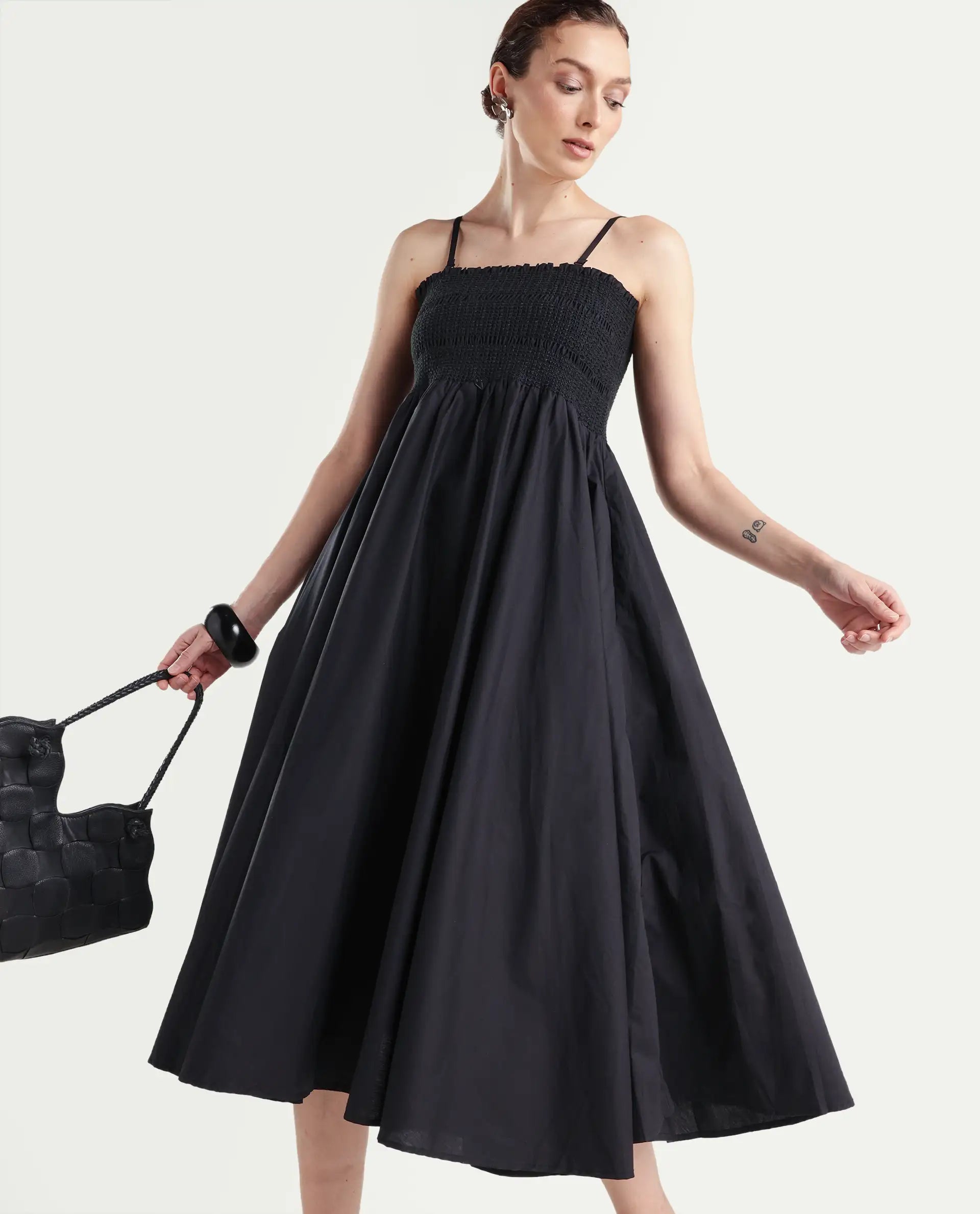 Rareism Women's Zozo Black Cotton Blend Tube Neck Plain Sleeveless Knee Length Regular Fit Dress