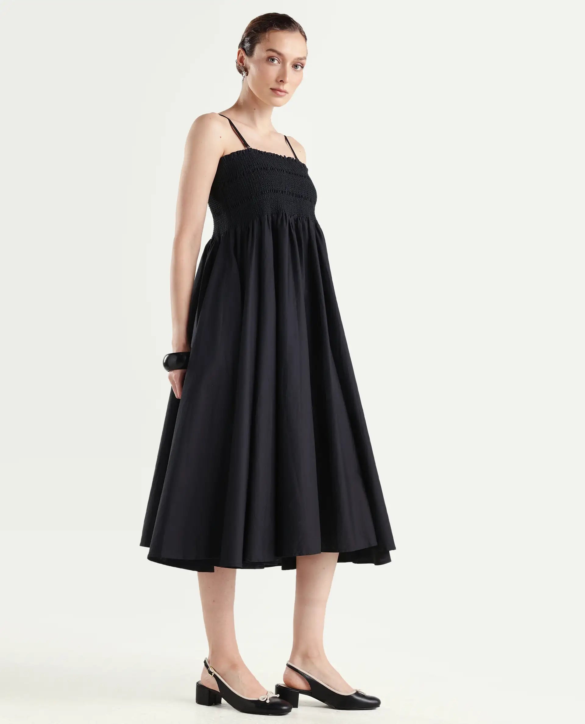 Rareism Women's Zozo Black Cotton Blend Tube Neck Plain Sleeveless Knee Length Regular Fit Dress