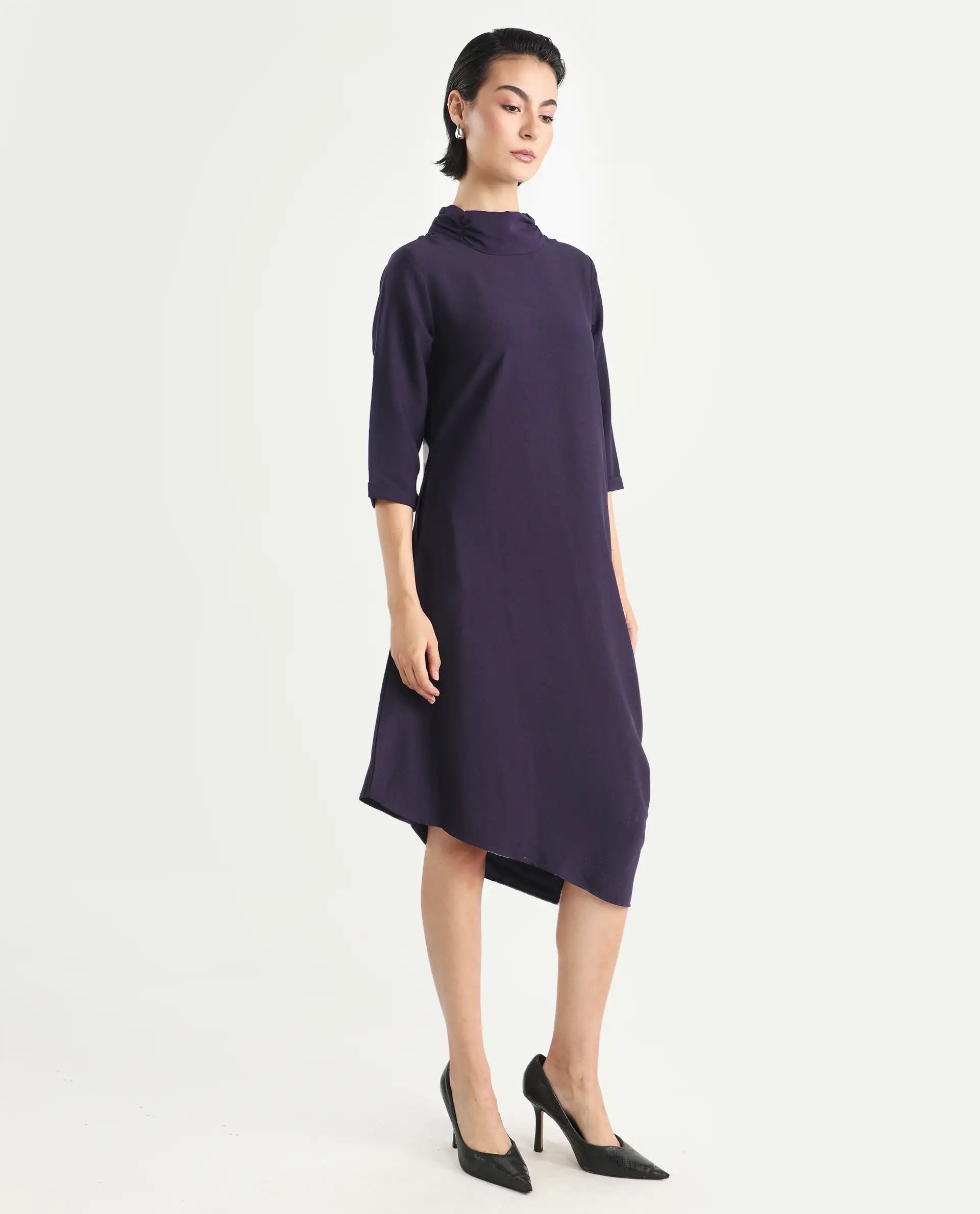 Rareism Women's Sullivan Purple Polyester High Neck Plain Knee Length Regular Fit Dress