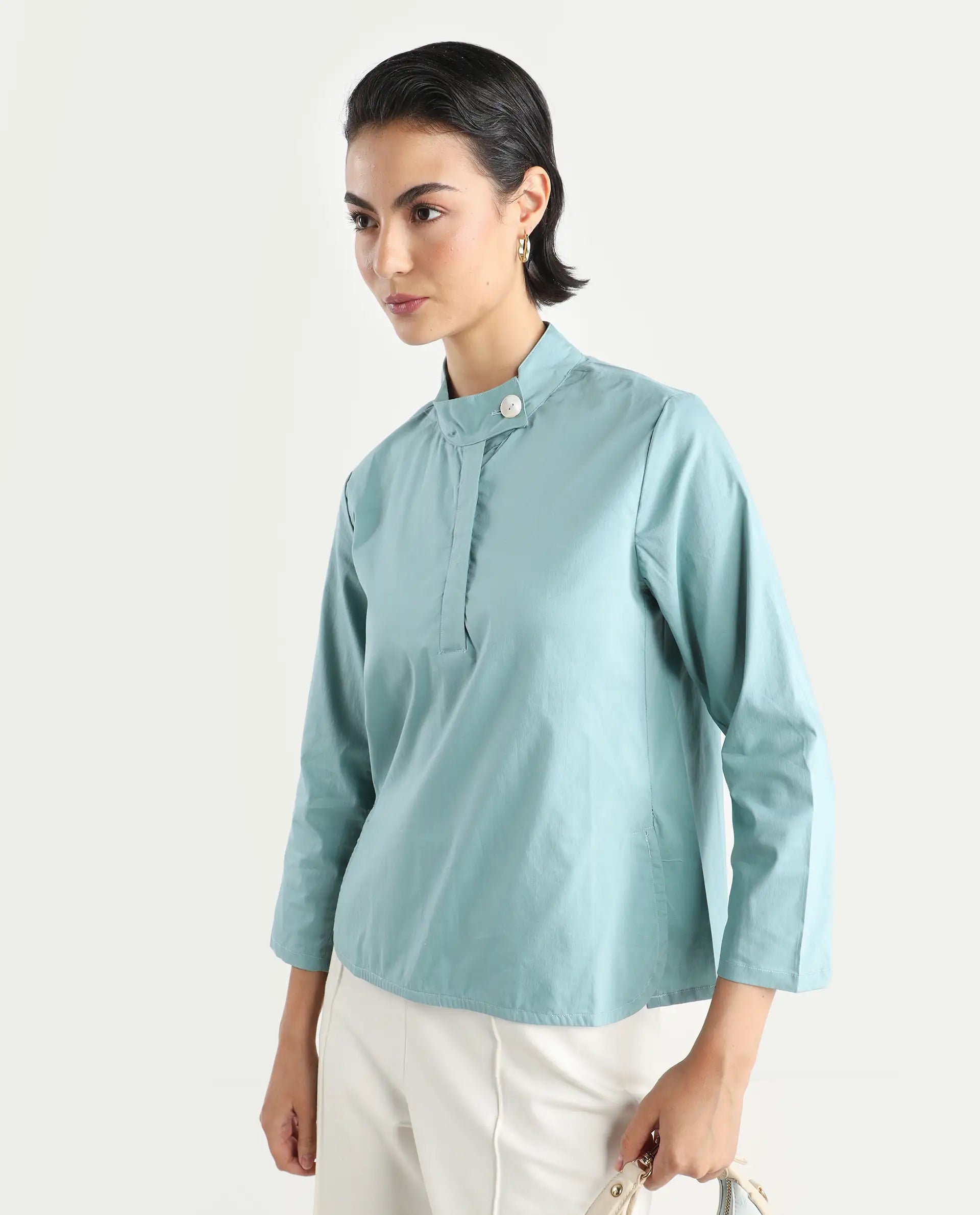 Rareism Women's Horhay Green Cotton Blend Mandarin Collar Plain Relaxed Fit Top