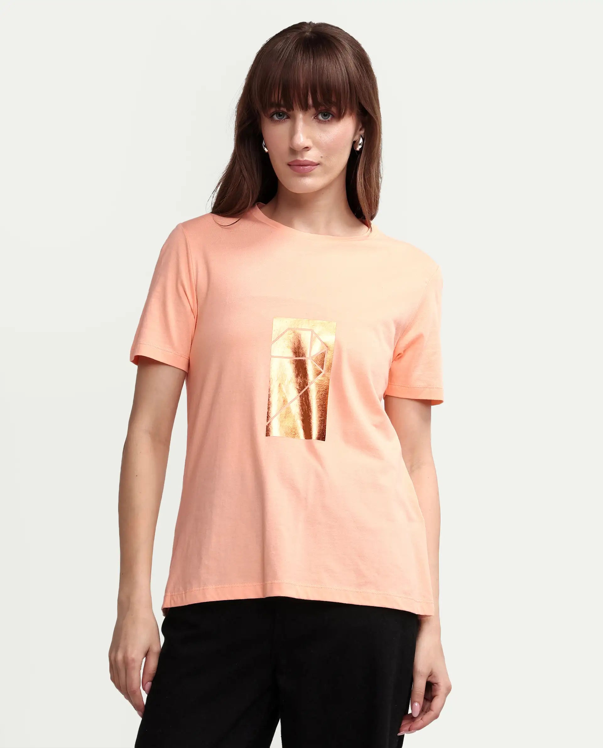 Rareism Women's Gulf Peach Cotton Crew Neck Graphic Print Regular Fit T-Shirt