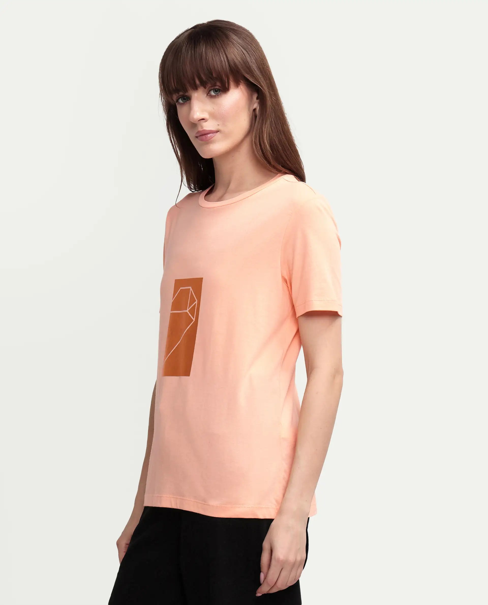 Rareism Women's Gulf Peach Cotton Crew Neck Graphic Print Regular Fit T-Shirt