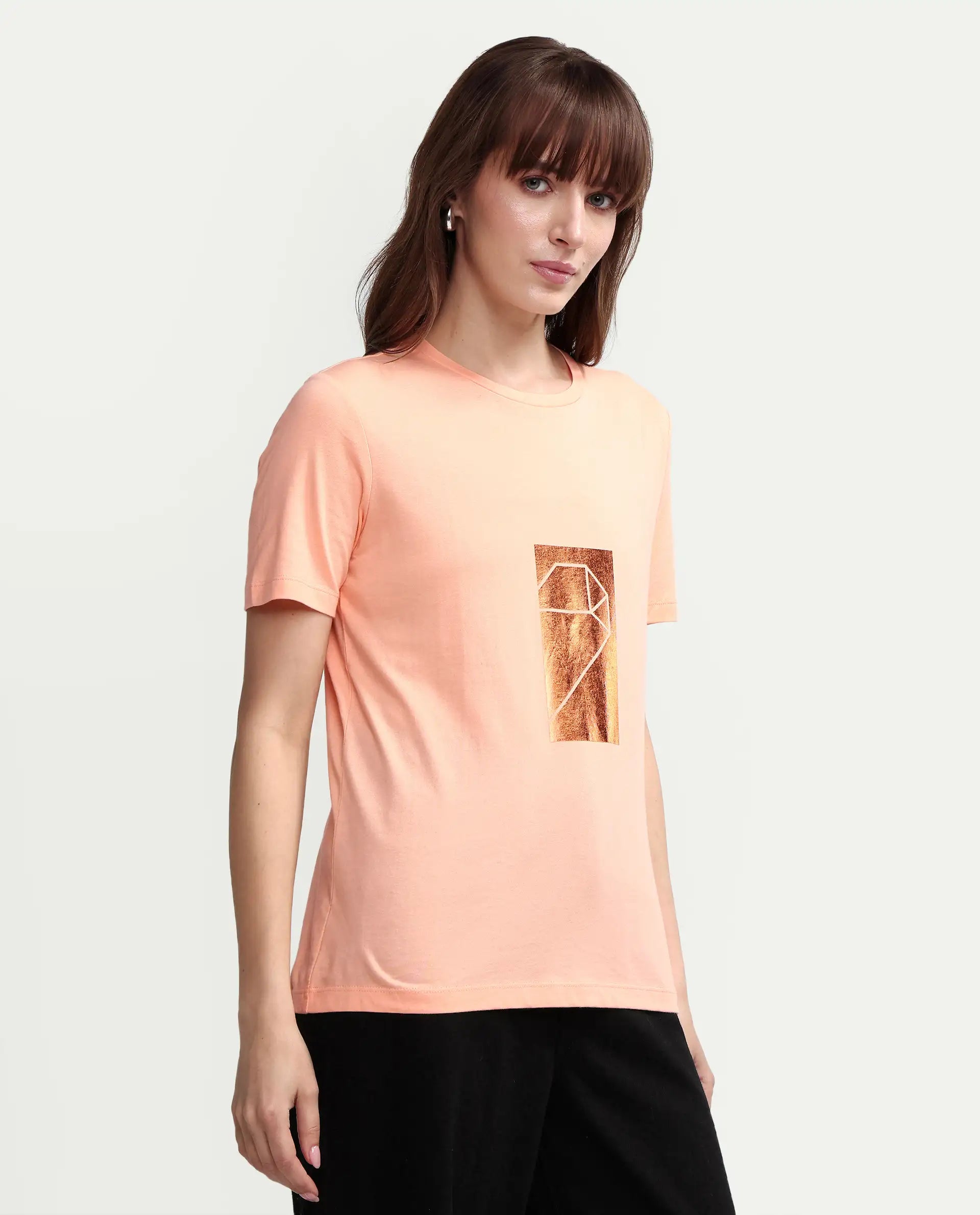Rareism Women's Gulf Peach Cotton Crew Neck Graphic Print Regular Fit T-Shirt