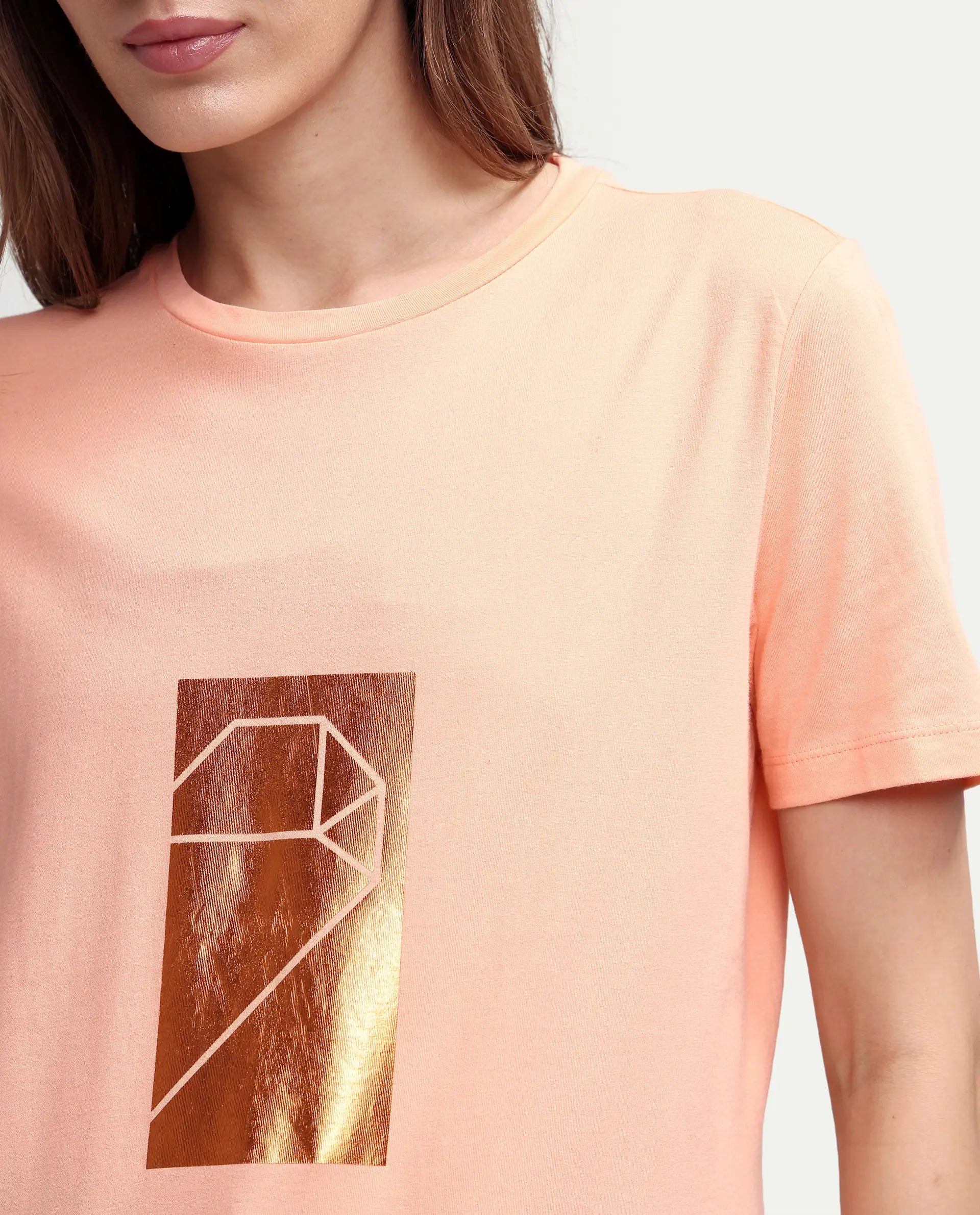 Rareism Women's Gulf Peach Cotton Crew Neck Graphic Print Regular Fit T-Shirt