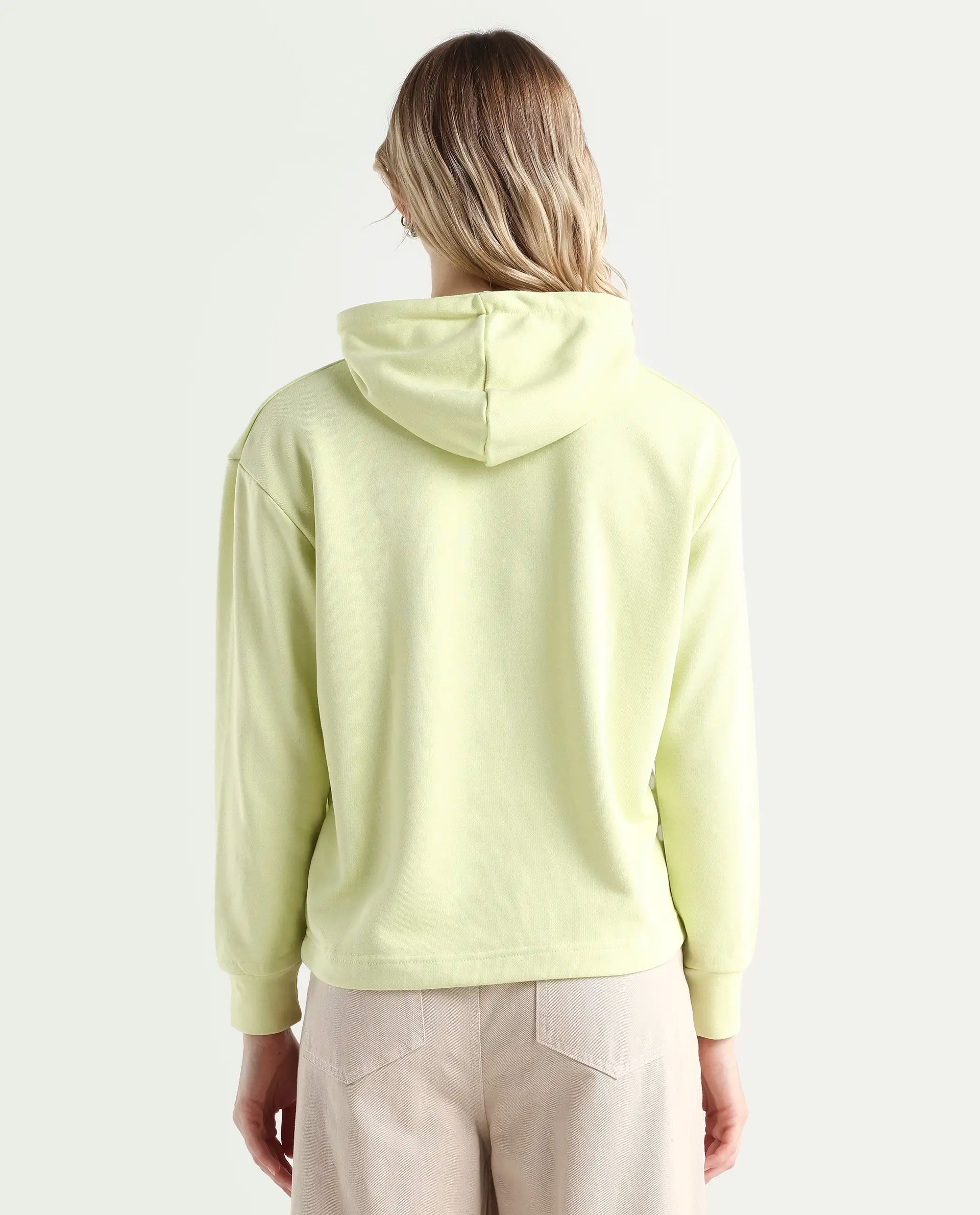 Rareism Women's Wally-1 Green Cotton Blend Hooded Plain Relaxed Fit Sweatshirt