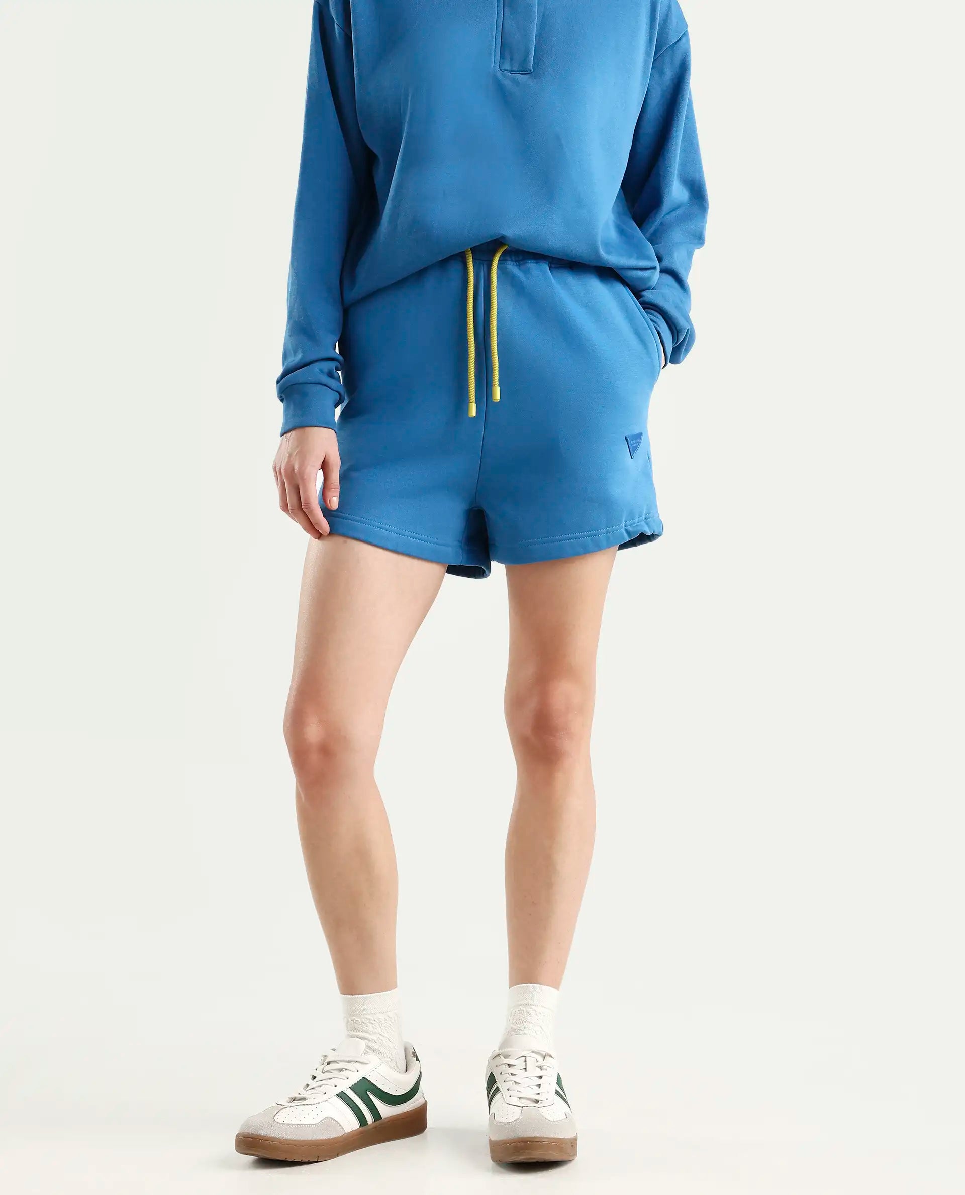 Rareism Women's Spence-1 Blue Polyester Blend Plain Mini Regular Fit Shorts