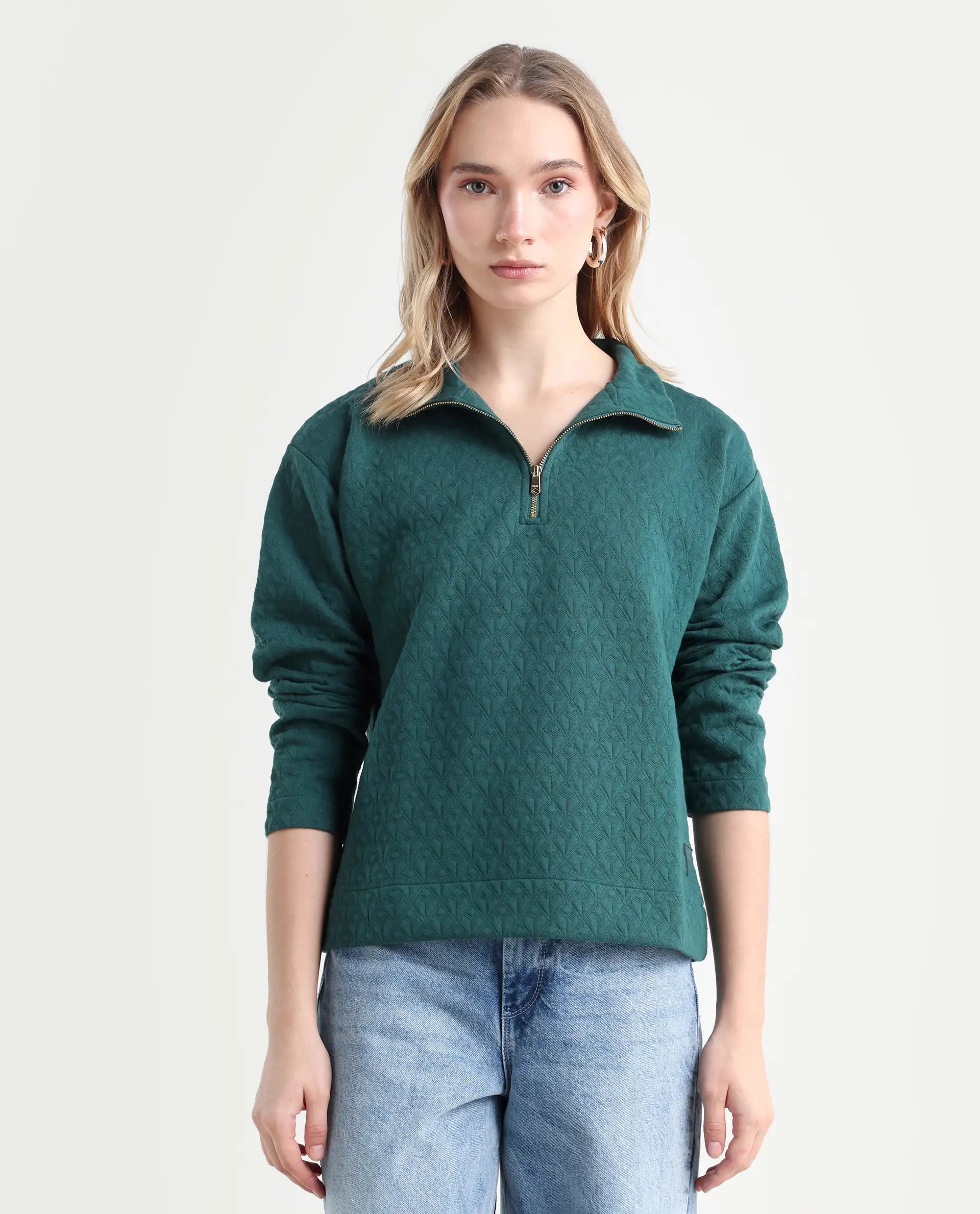 Rareism Women's Bozo Green High Neck Textured Regular Fit Sweatshirt