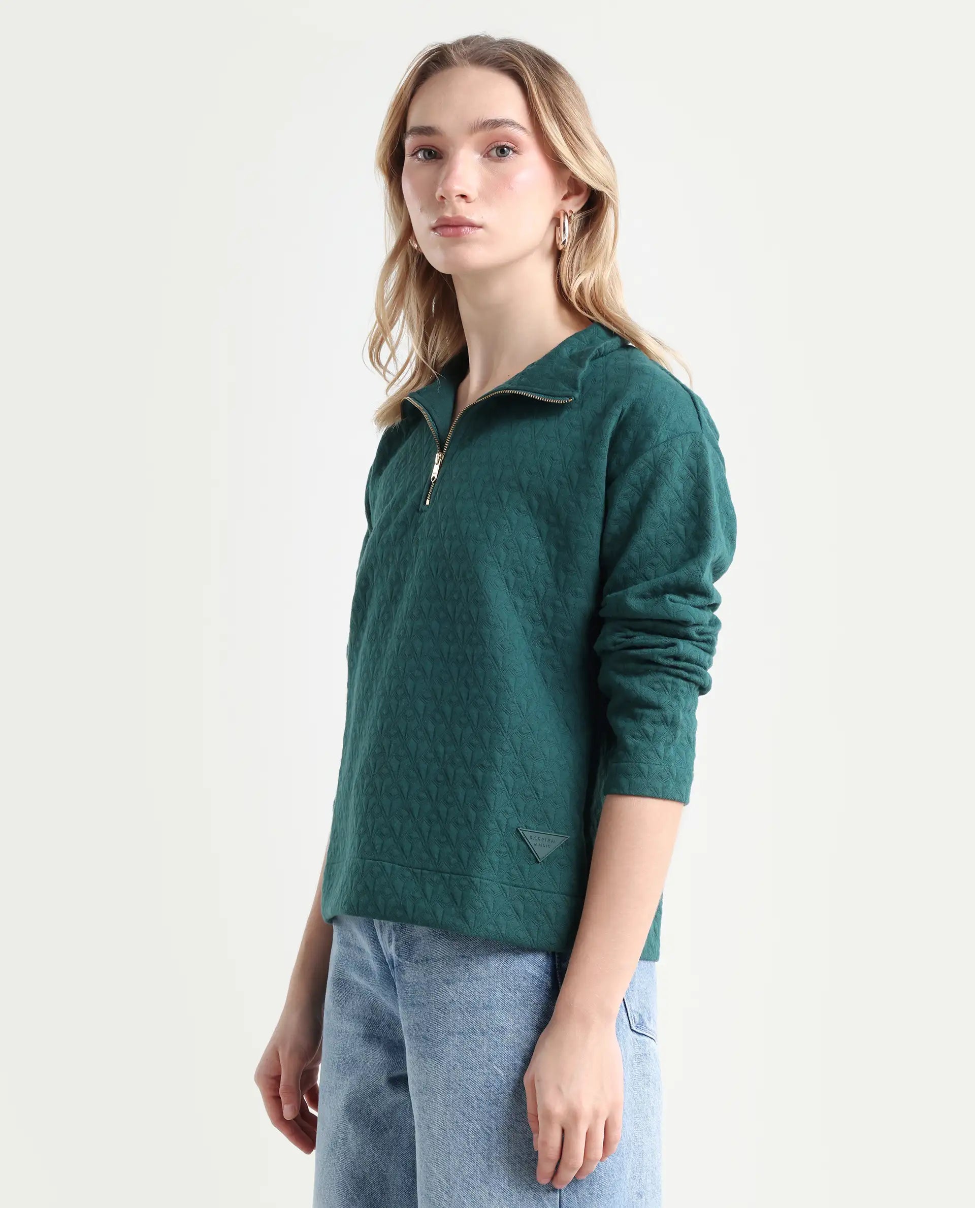 Rareism Women's Bozo Green High Neck Textured Regular Fit Sweatshirt