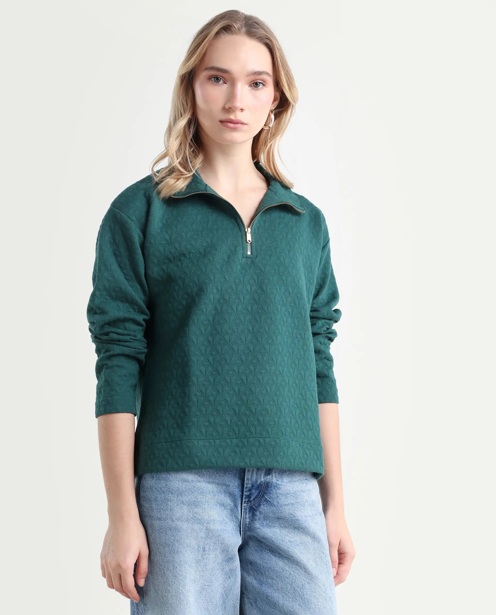 Rareism Women's Bozo Green High Neck Textured Regular Fit Sweatshirt