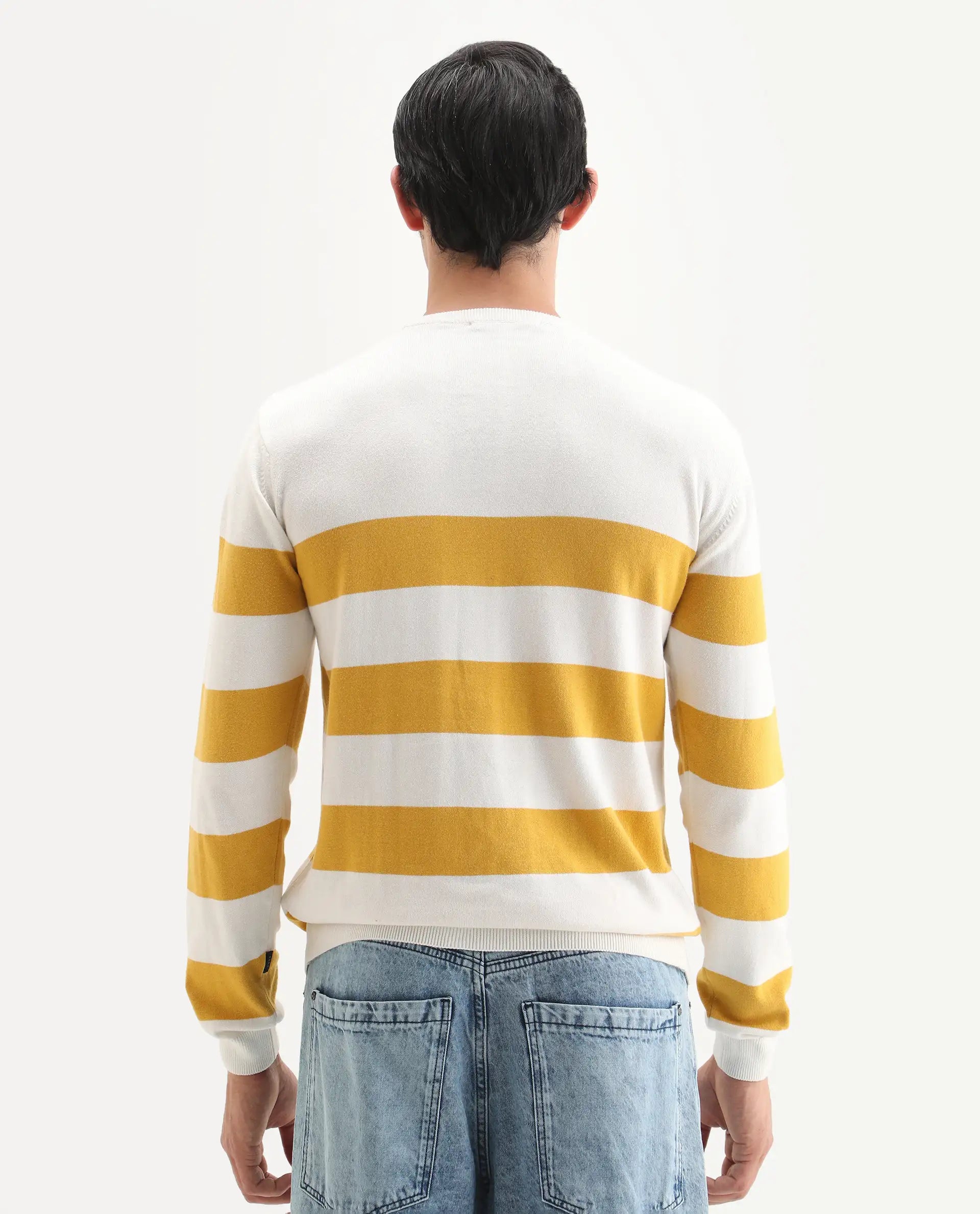 Rare Rabbit Men's Marri Yellow Cotton Striped Print Regular Fit Full Sleeve Crew Neck Sweater