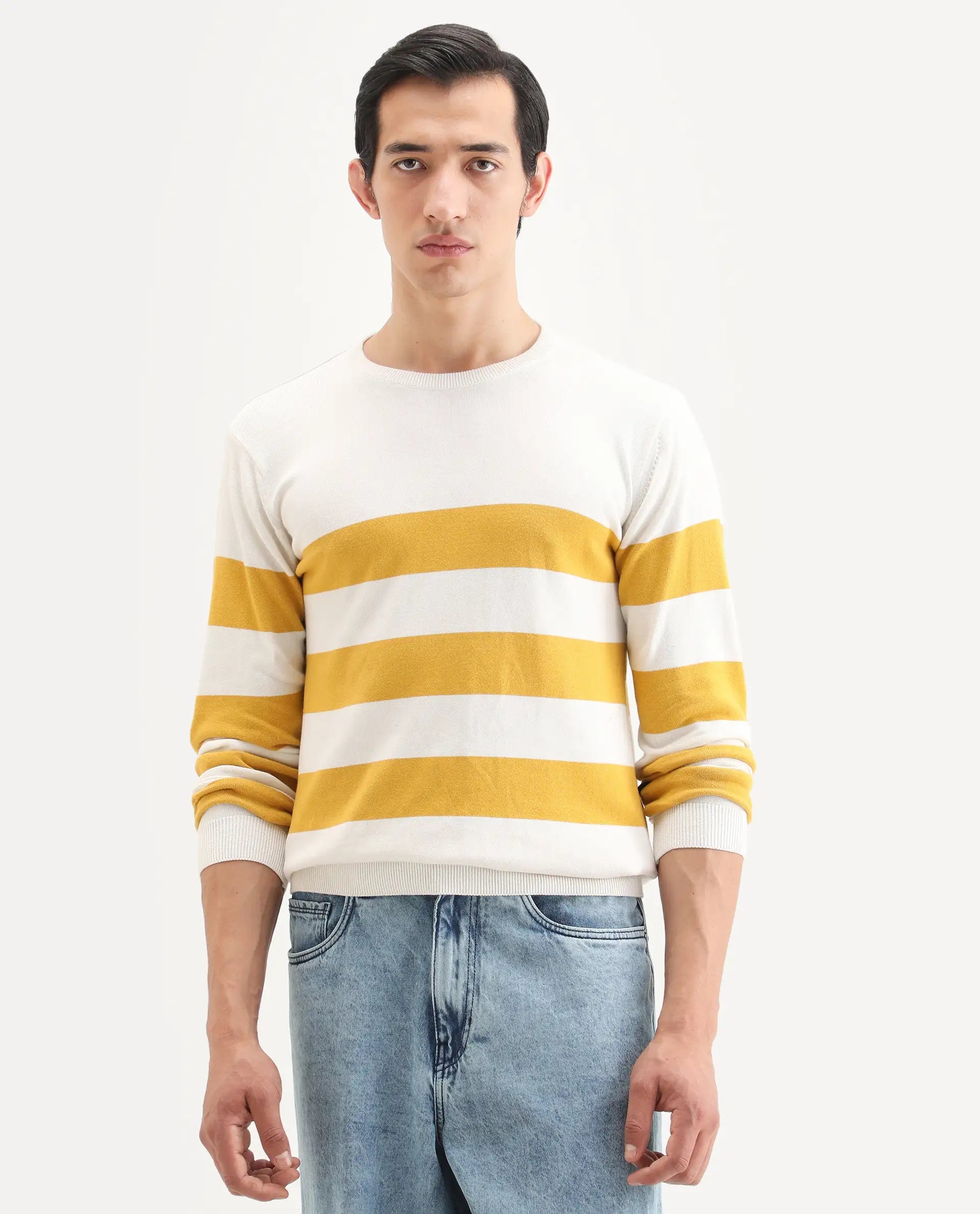 Rare Rabbit Men's Marri Yellow Cotton Striped Print Regular Fit Full Sleeve Crew Neck Sweater
