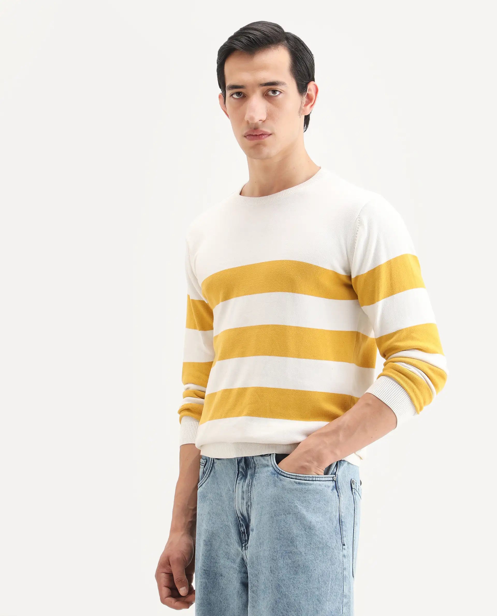 Rare Rabbit Men's Marri Yellow Cotton Striped Print Regular Fit Full Sleeve Crew Neck Sweater