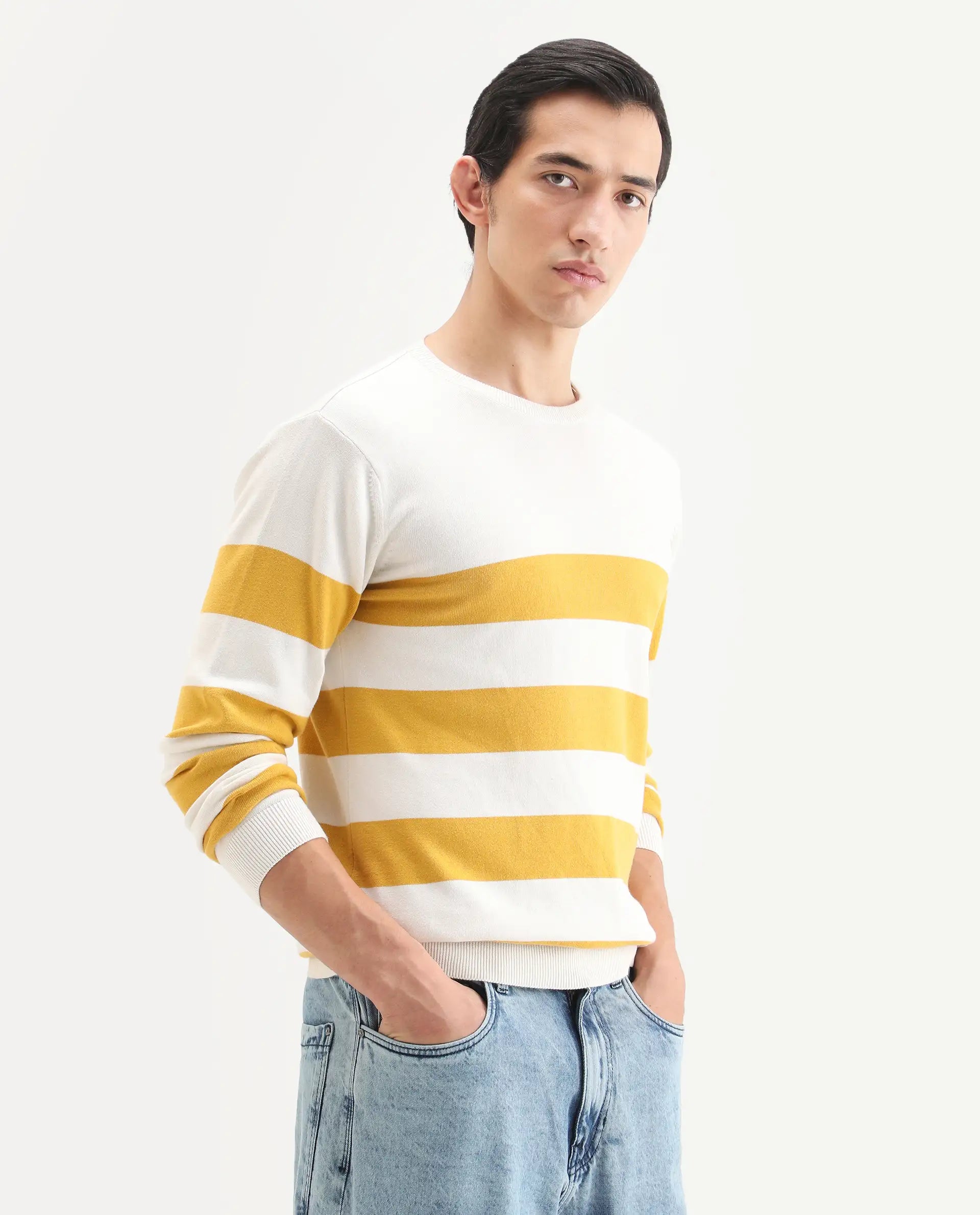 Rare Rabbit Men's Marri Yellow Cotton Striped Print Regular Fit Full Sleeve Crew Neck Sweater