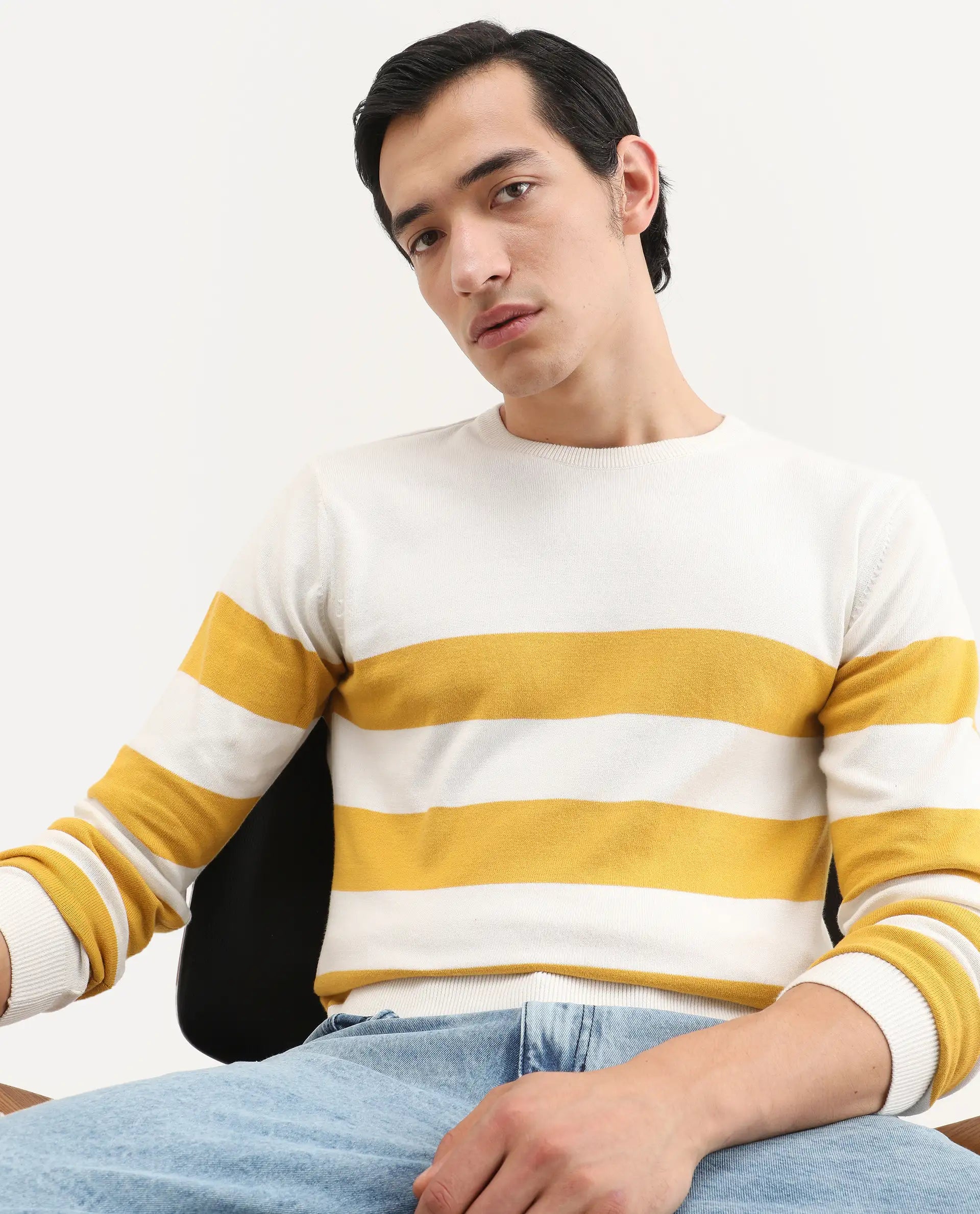 Rare Rabbit Men's Marri Yellow Cotton Striped Print Regular Fit Full Sleeve Crew Neck Sweater