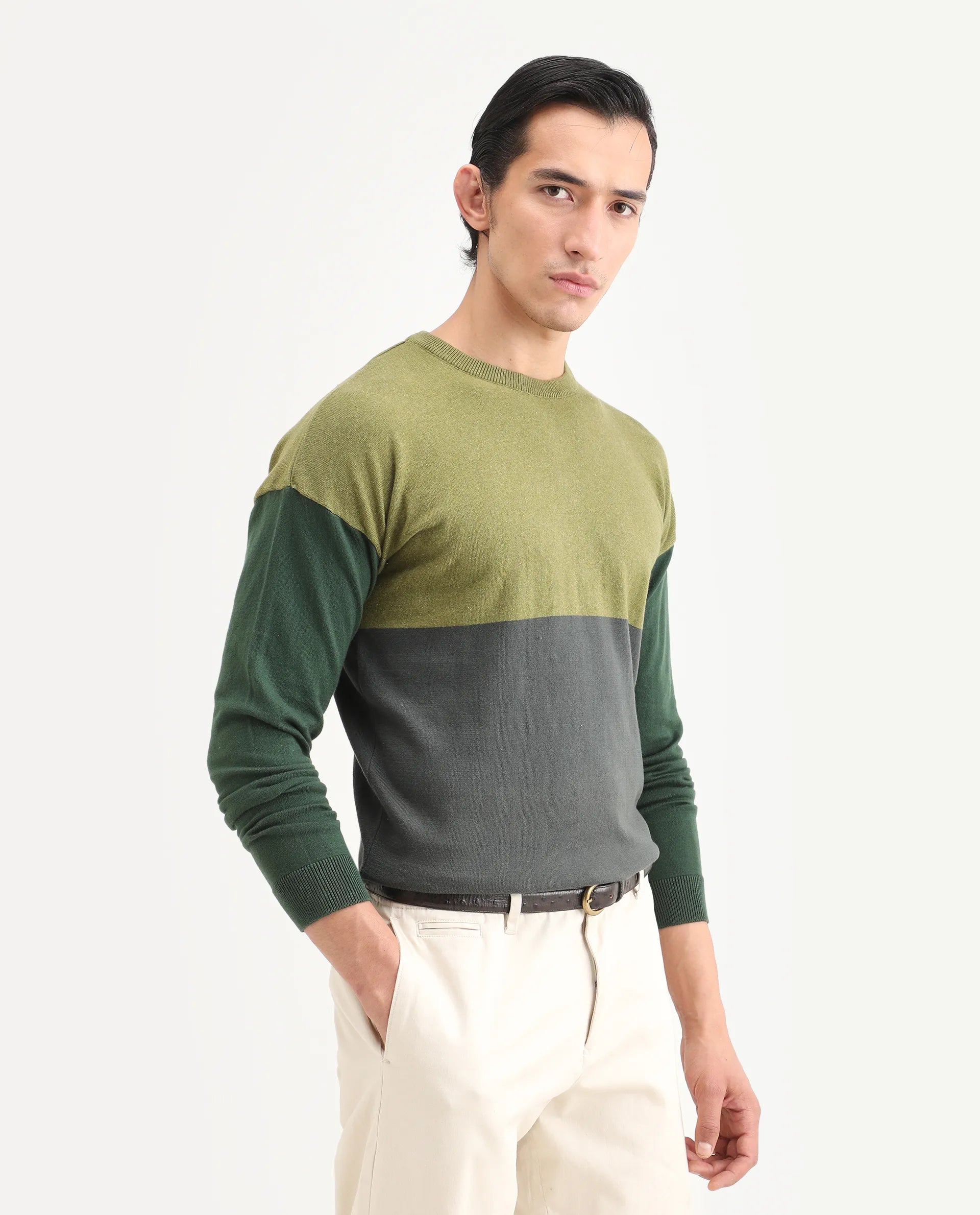 Rare Rabbit Men's Tanko Green Cotton Ombre Relaxed Fit Full Sleeve Crew Neck Sweater