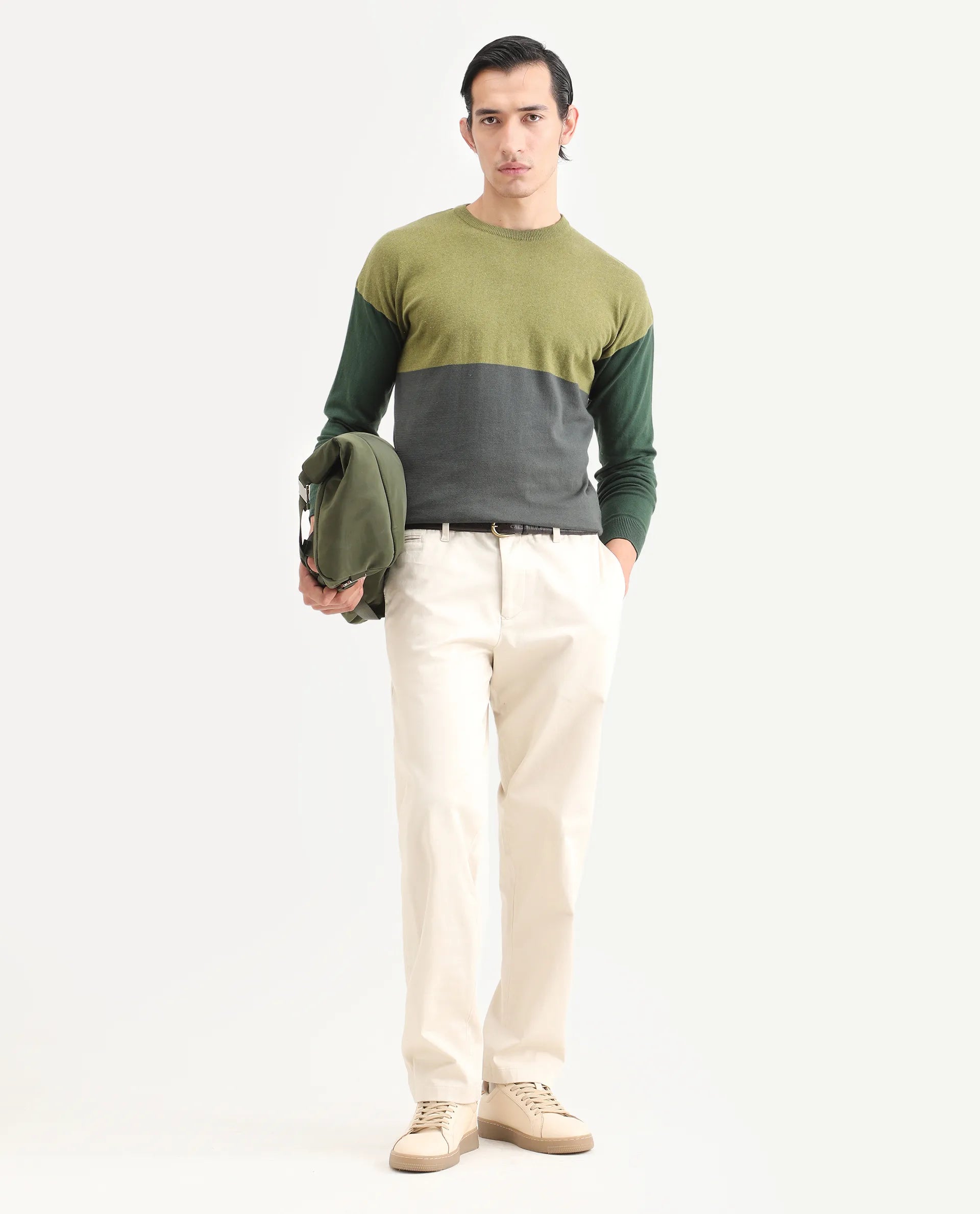 Rare Rabbit Men's Tanko Green Cotton Ombre Relaxed Fit Full Sleeve Crew Neck Sweater