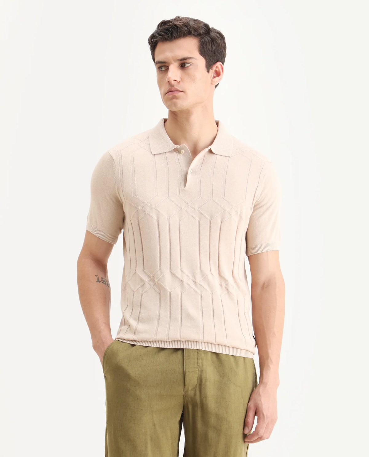 Rare Rabbit Men's Link Beige Cotton Striped Print Slim Fit Half Sleeve Polo