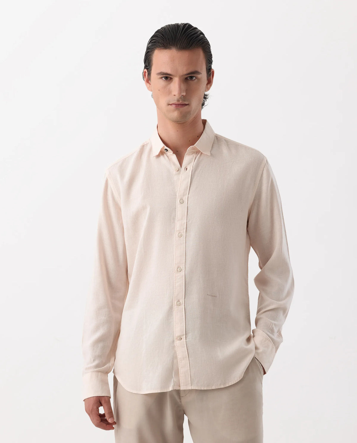 Rare Rabbit Men's Naples Peach 100% Linen Plain Regular Fit Full Sleeve Spread Collar Shirt