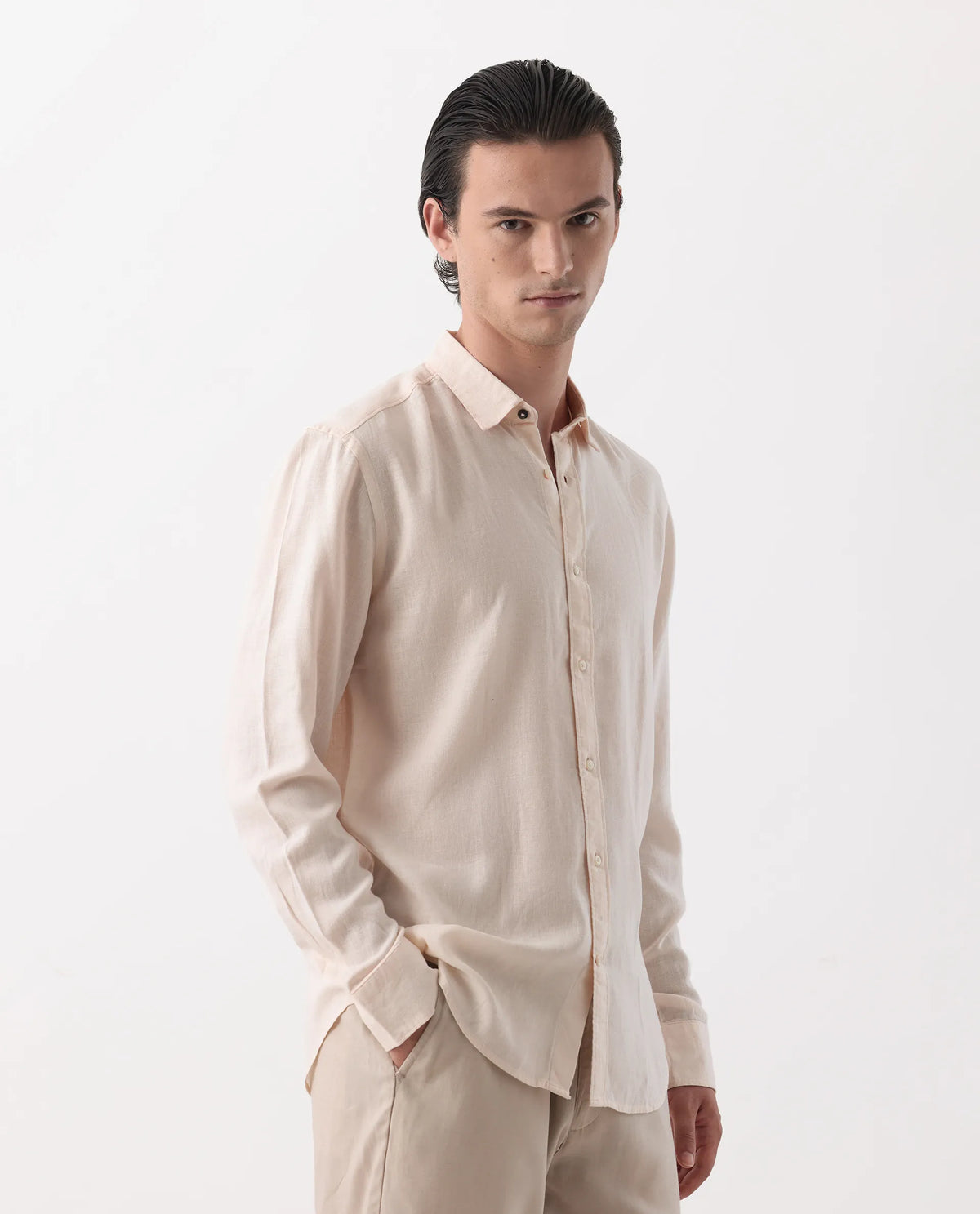 Rare Rabbit Men's Naples Peach 100% Linen Plain Regular Fit Full Sleeve Spread Collar Shirt