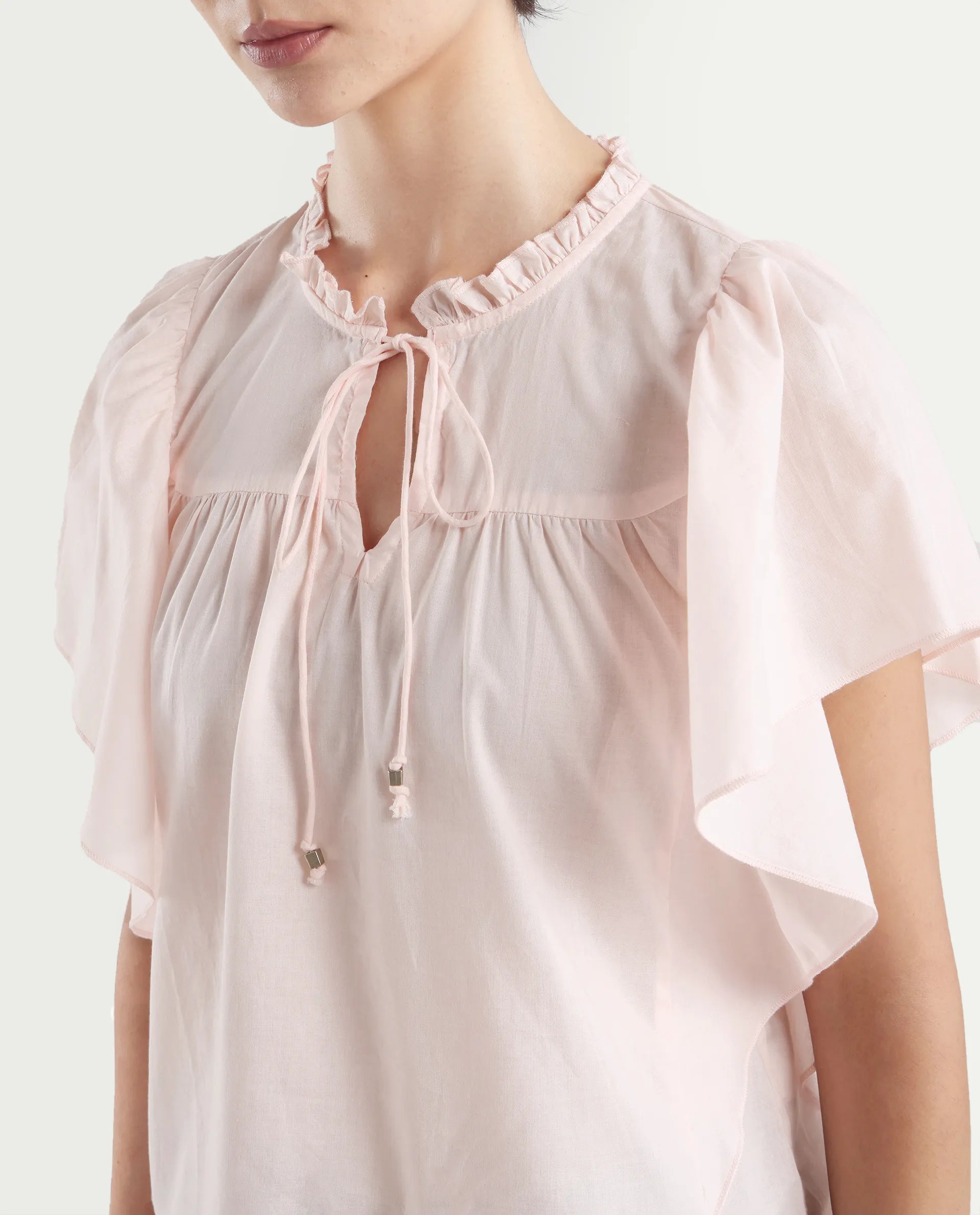Rareism Women's Zues Pink Cotton Tie-Up Neck Plain Ruffled Sleeve Relaxed Fit Top