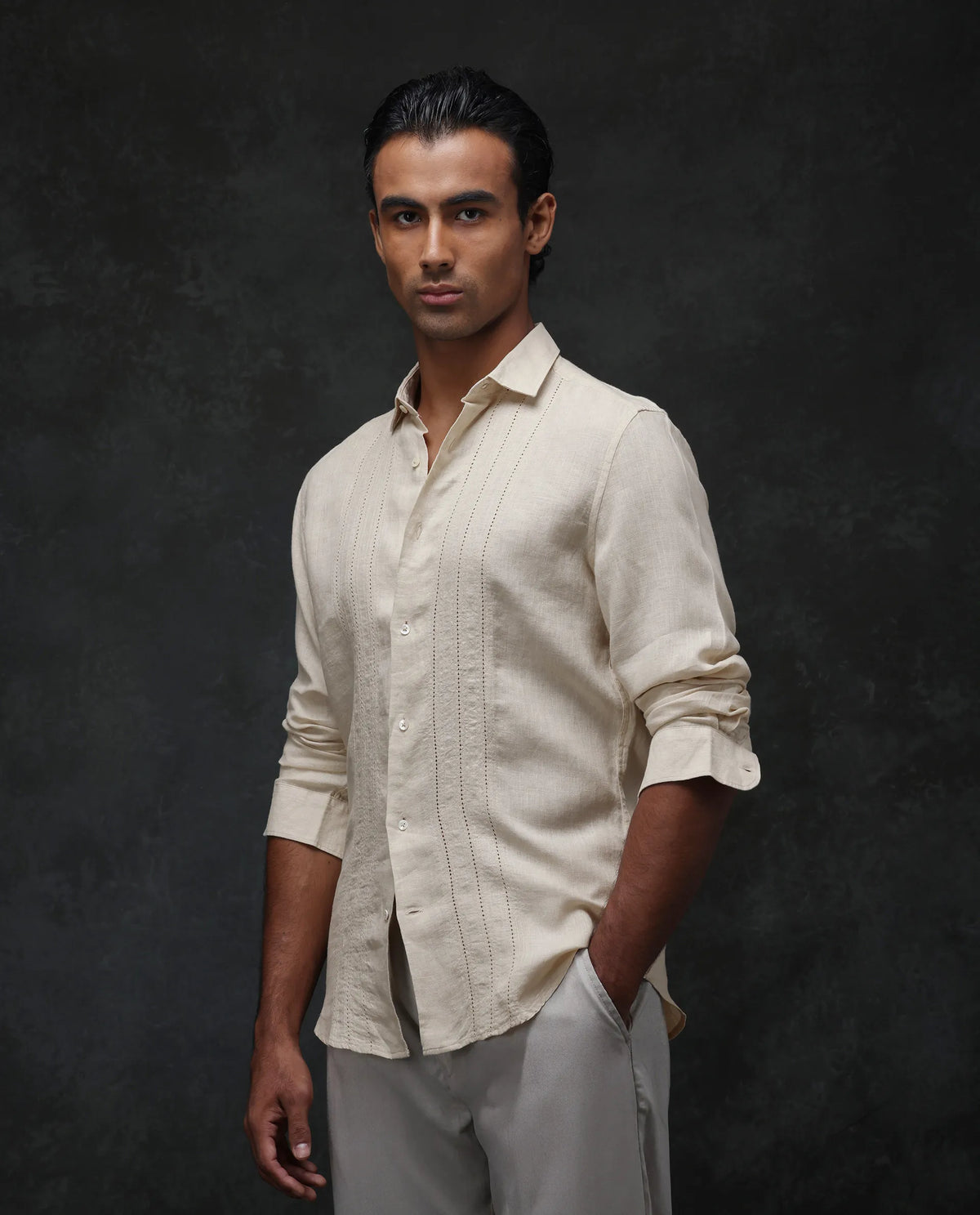 Rare Rabbit Men's Nino Beige 100% Linen Plain Regular Fit Full Sleeve Collared Shirt