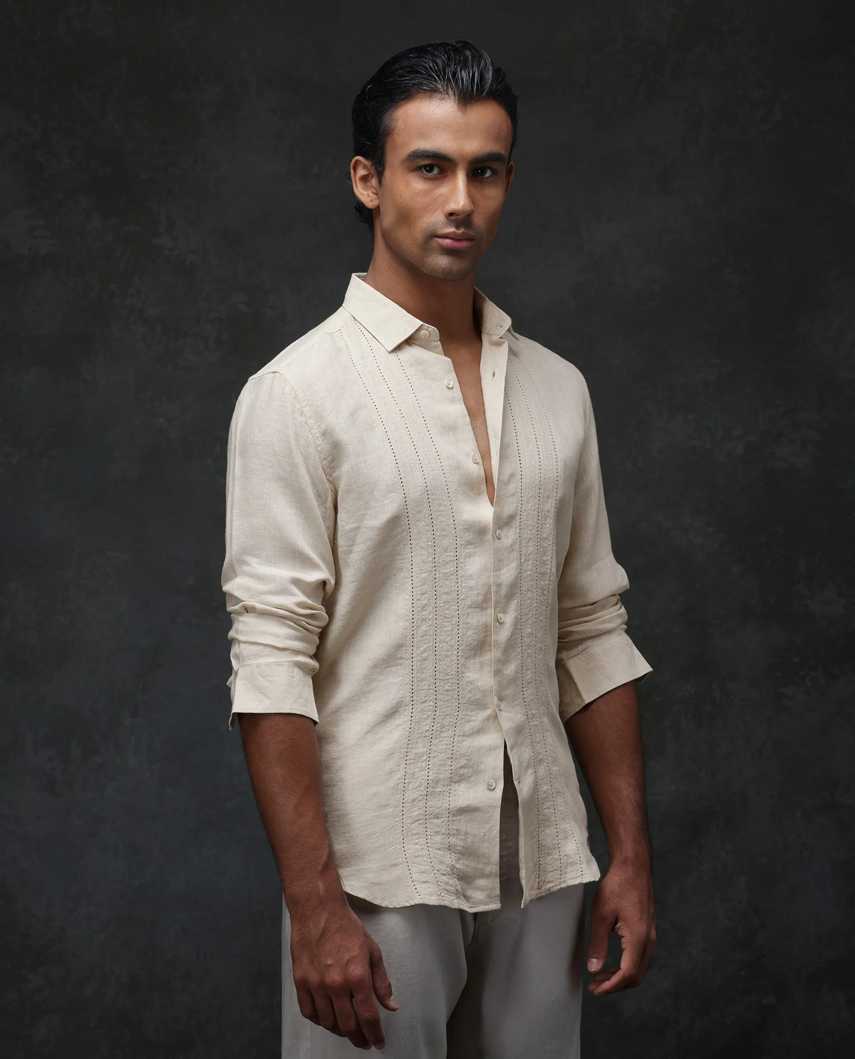 Rare Rabbit Men's Nino Beige 100% Linen Plain Regular Fit Full Sleeve Collared Shirt