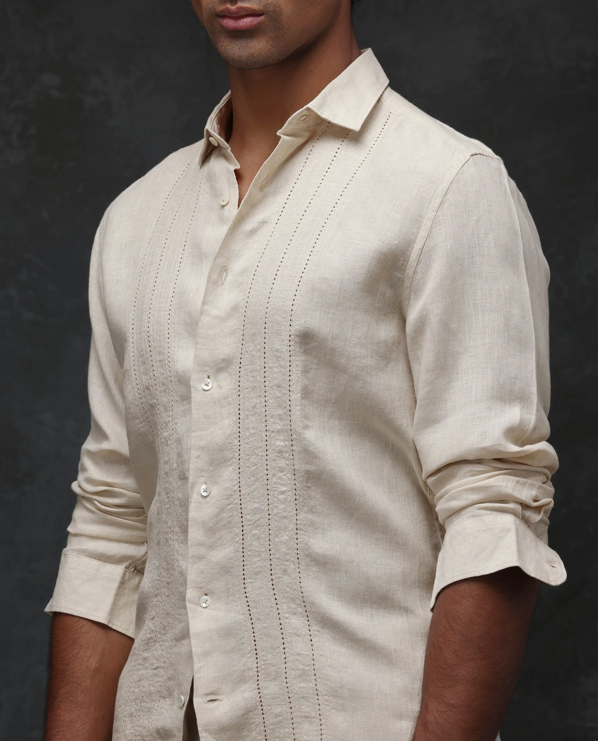 Rare Rabbit Men's Nino Beige 100% Linen Plain Regular Fit Full Sleeve Collared Shirt