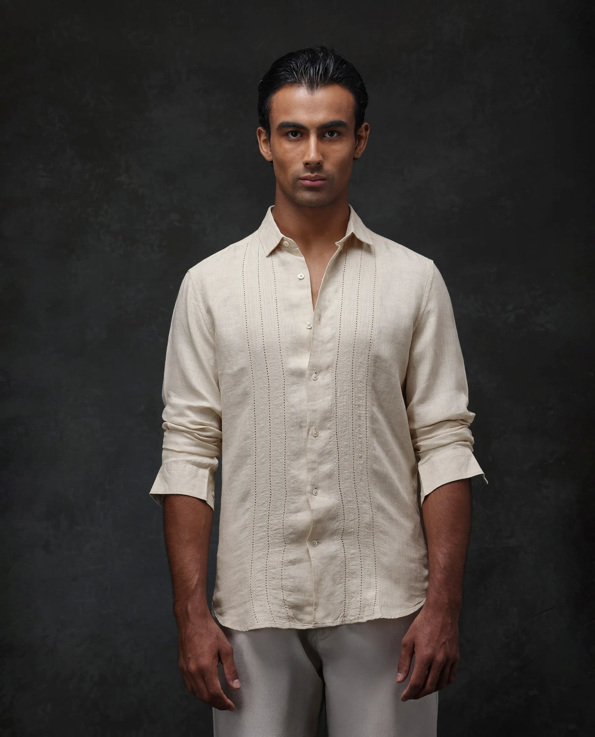 Rare Rabbit Men's Nino Beige 100% Linen Plain Regular Fit Full Sleeve Collared Shirt