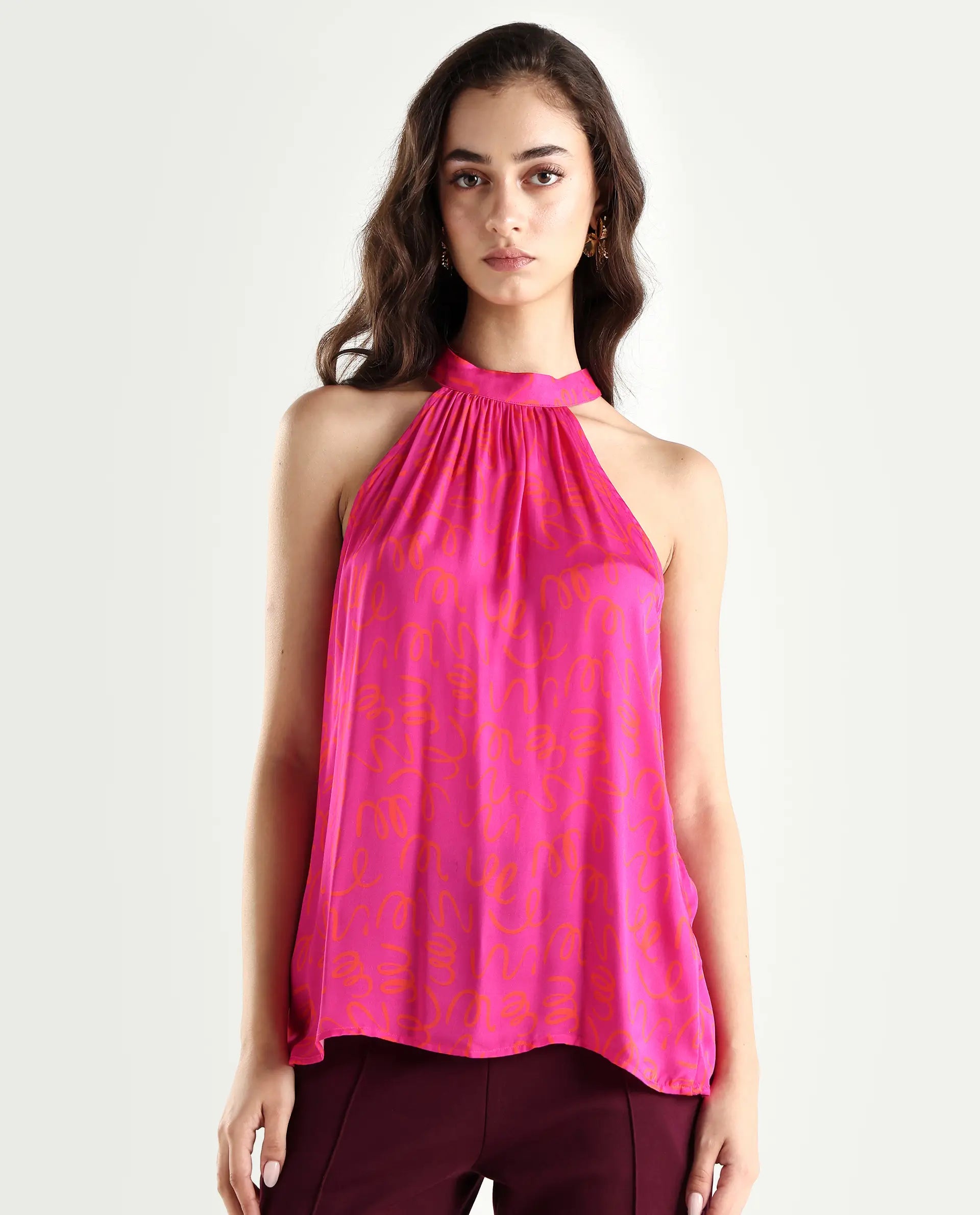 Rareism Women's Meet Pink Halter Neck Printed Sleeveless Knee Length Tailored Top