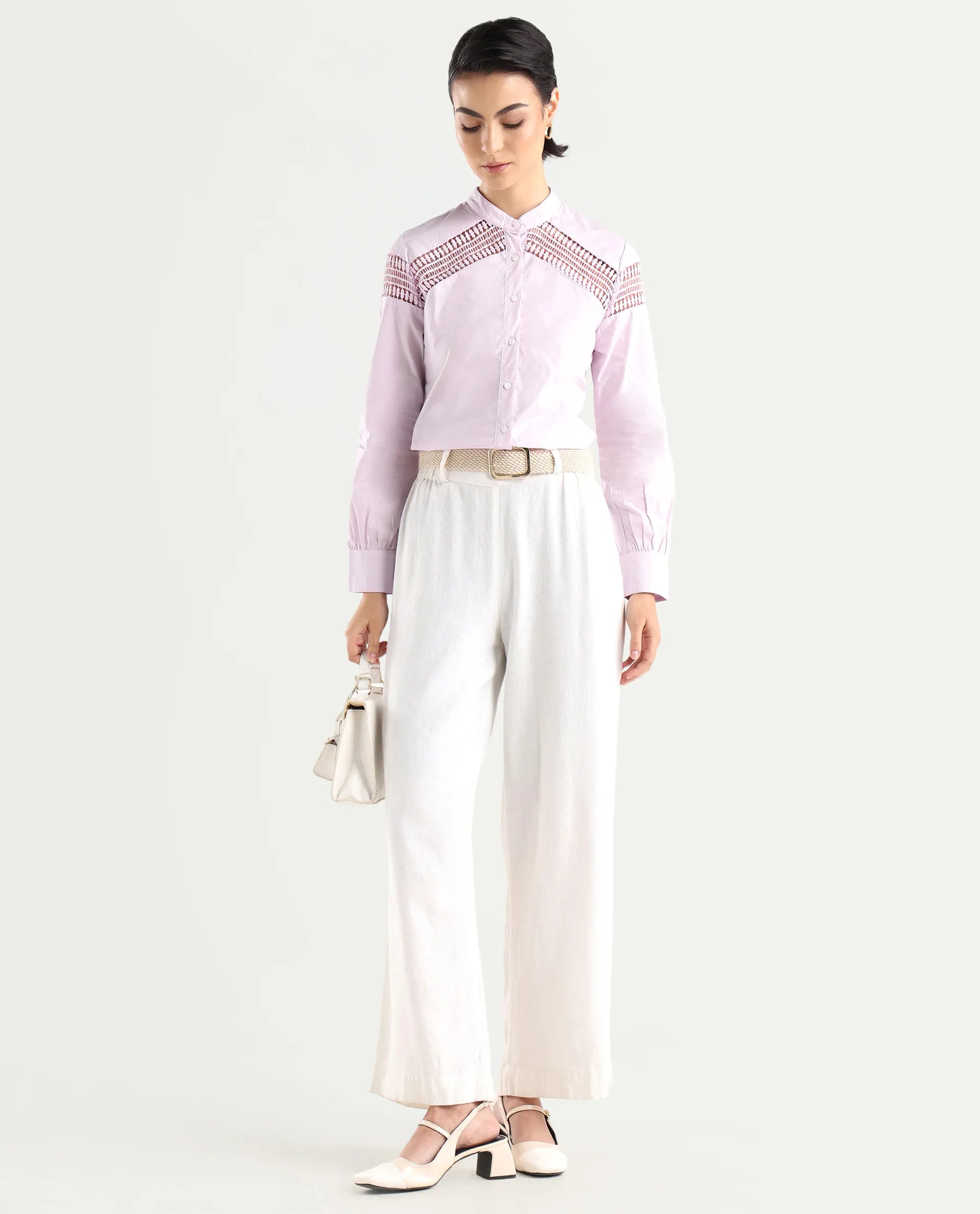 Rareism Women's Zoom Purple Cotton Mandarin Collar Plain Regular Fit Top