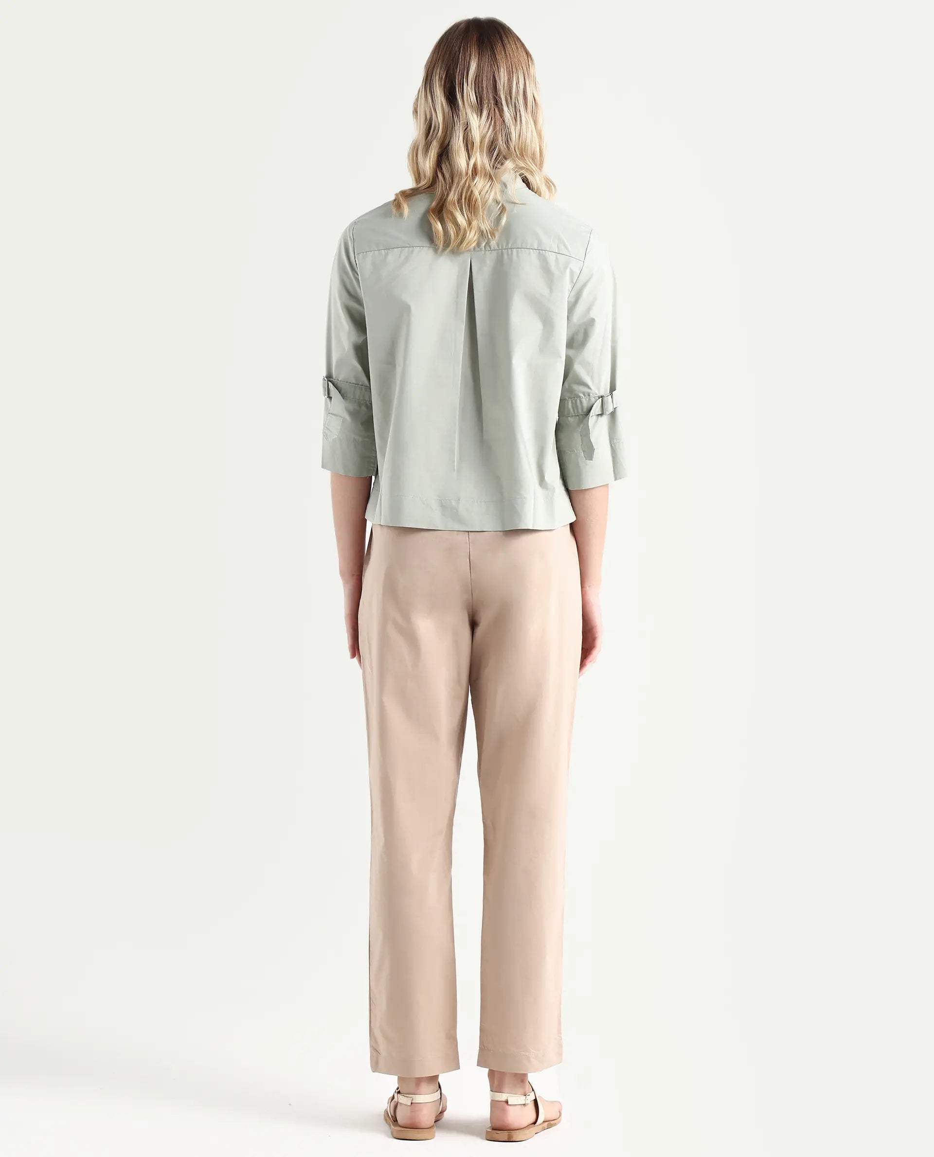 Rareism Women's Juven Beige Polyester Blend Plain Ankle Length Tapered Trouser