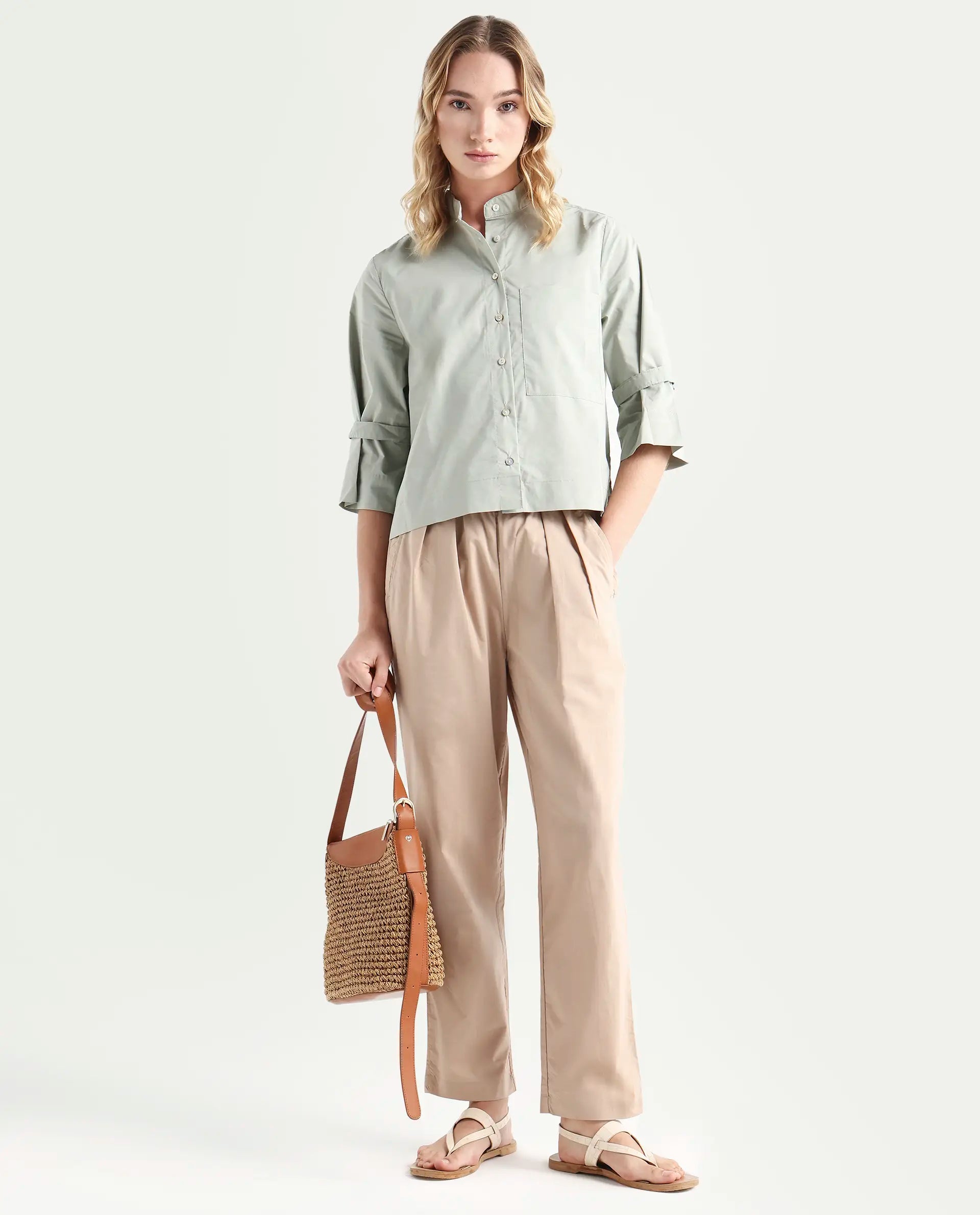 Rareism Women's Juven Beige Polyester Blend Plain Ankle Length Tapered Trouser