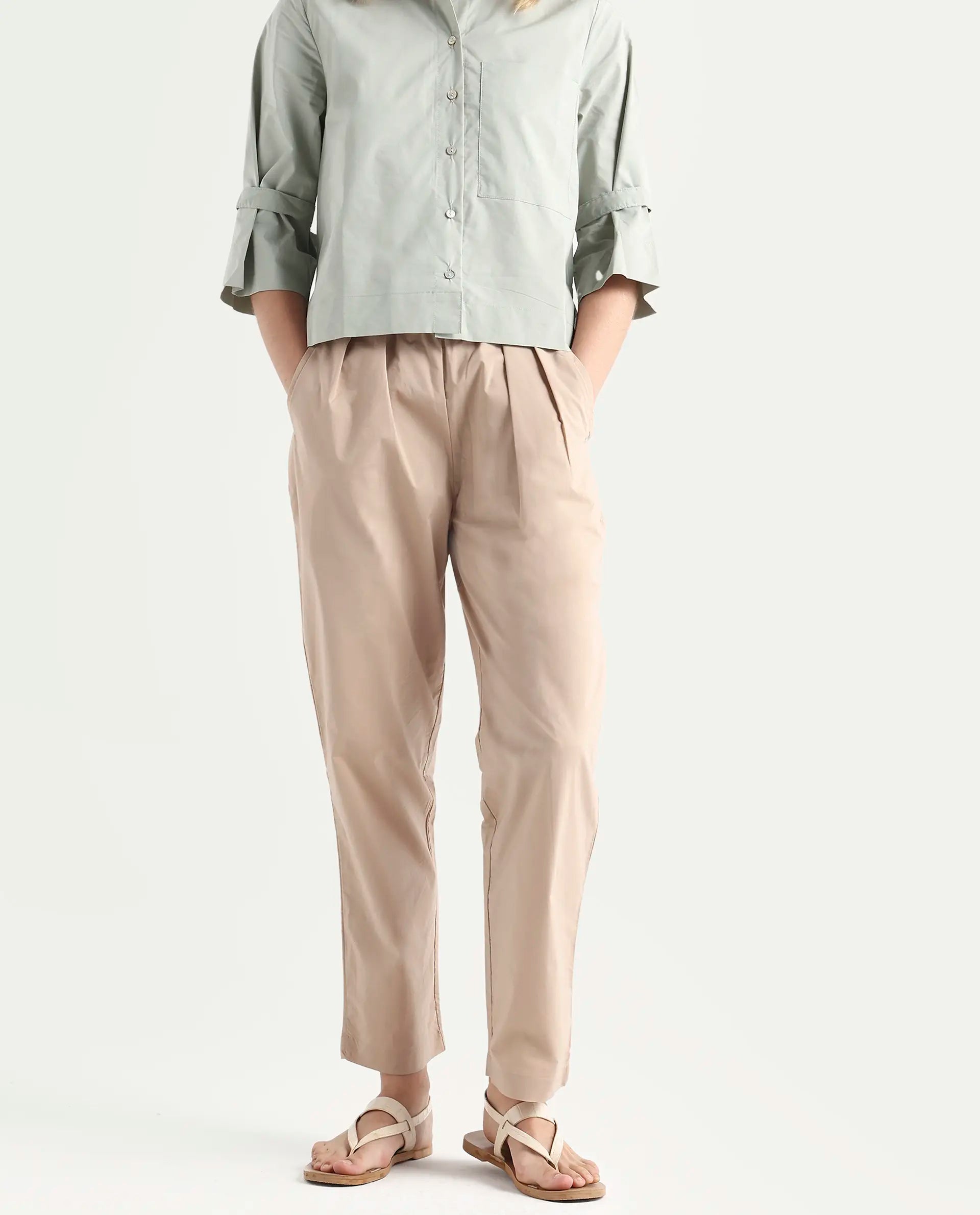 Rareism Women's Juven Beige Polyester Blend Plain Ankle Length Tapered Trouser