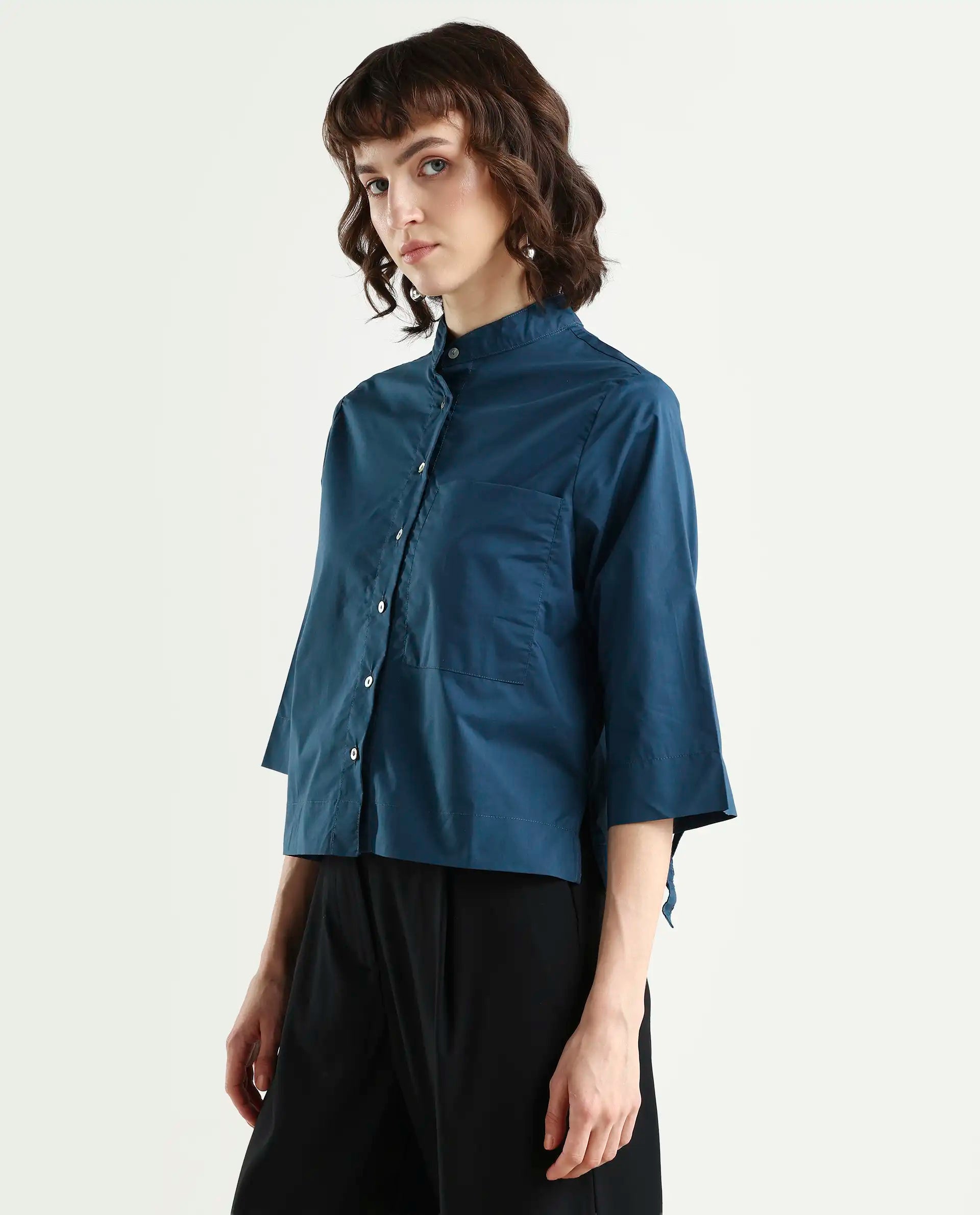 Rareism Women's Sendai Petrol Mandarin Collar Plain Knee Length Regular Fit Top