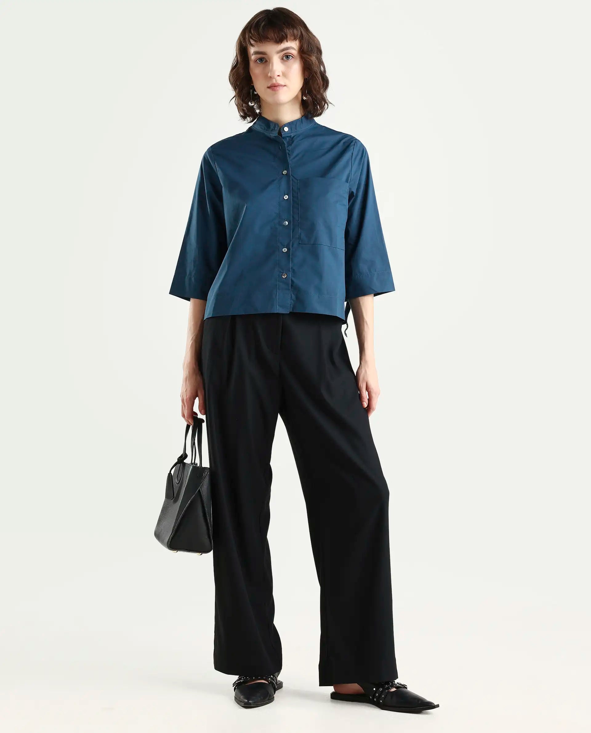 Rareism Women's Sendai Petrol Mandarin Collar Plain Knee Length Regular Fit Top