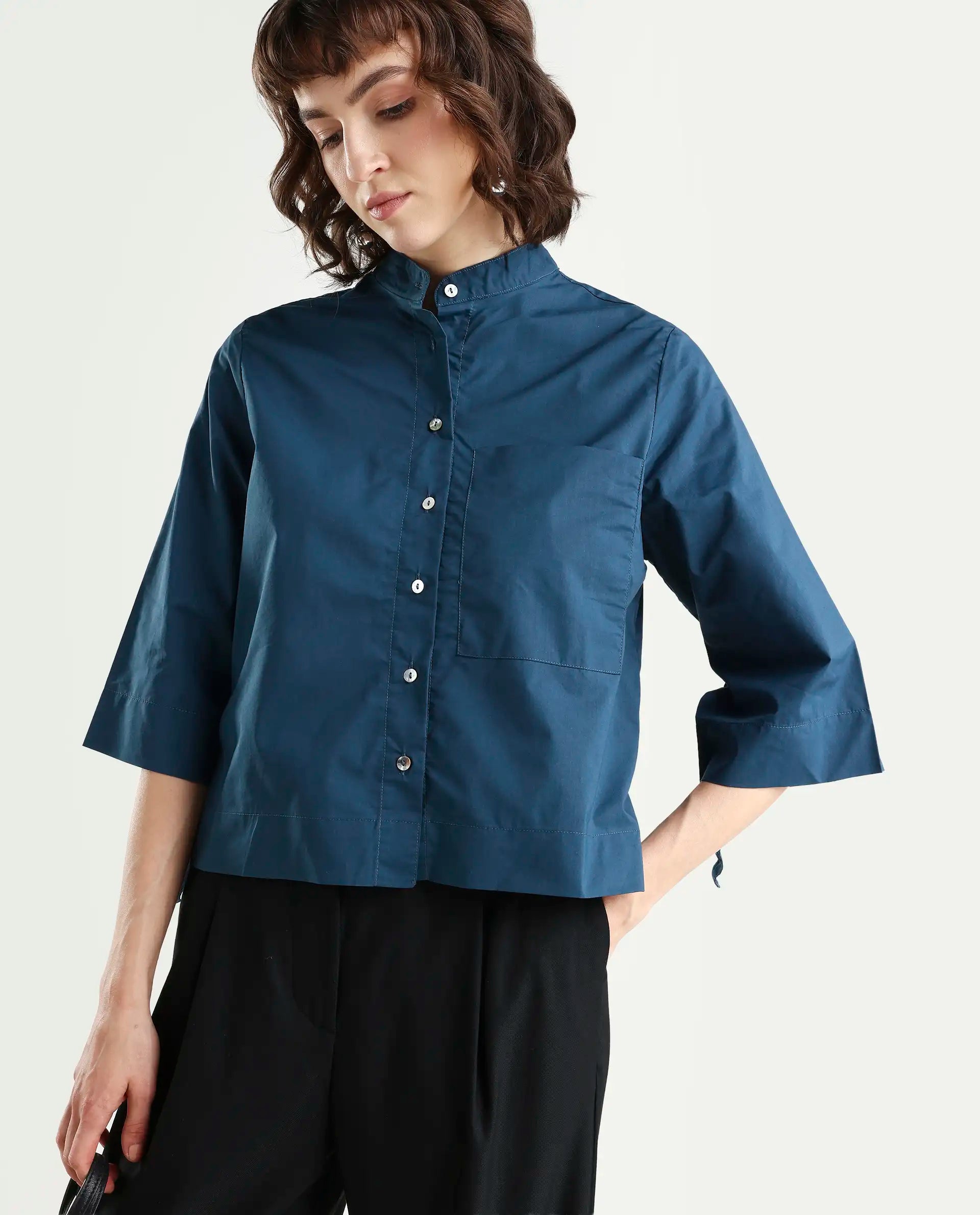 Rareism Women's Sendai Petrol Mandarin Collar Plain Knee Length Regular Fit Top