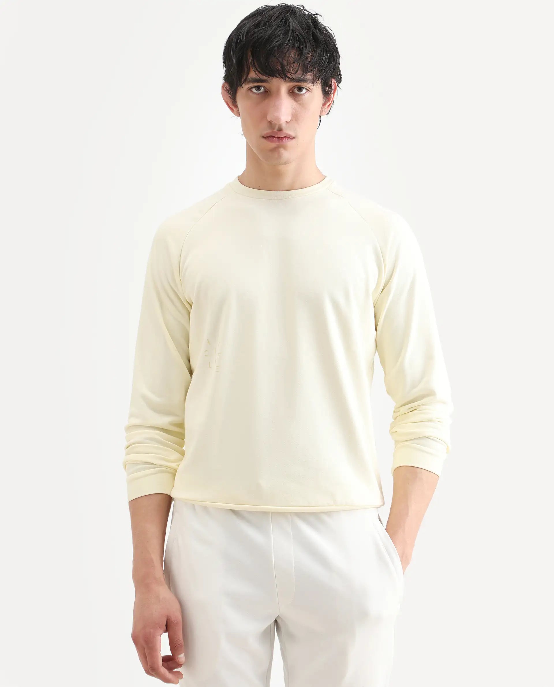Rare Rabbit Articale Men's Arum Blonde Yellow Cotton Fabric Full Sleeves Solid Sweatshirt