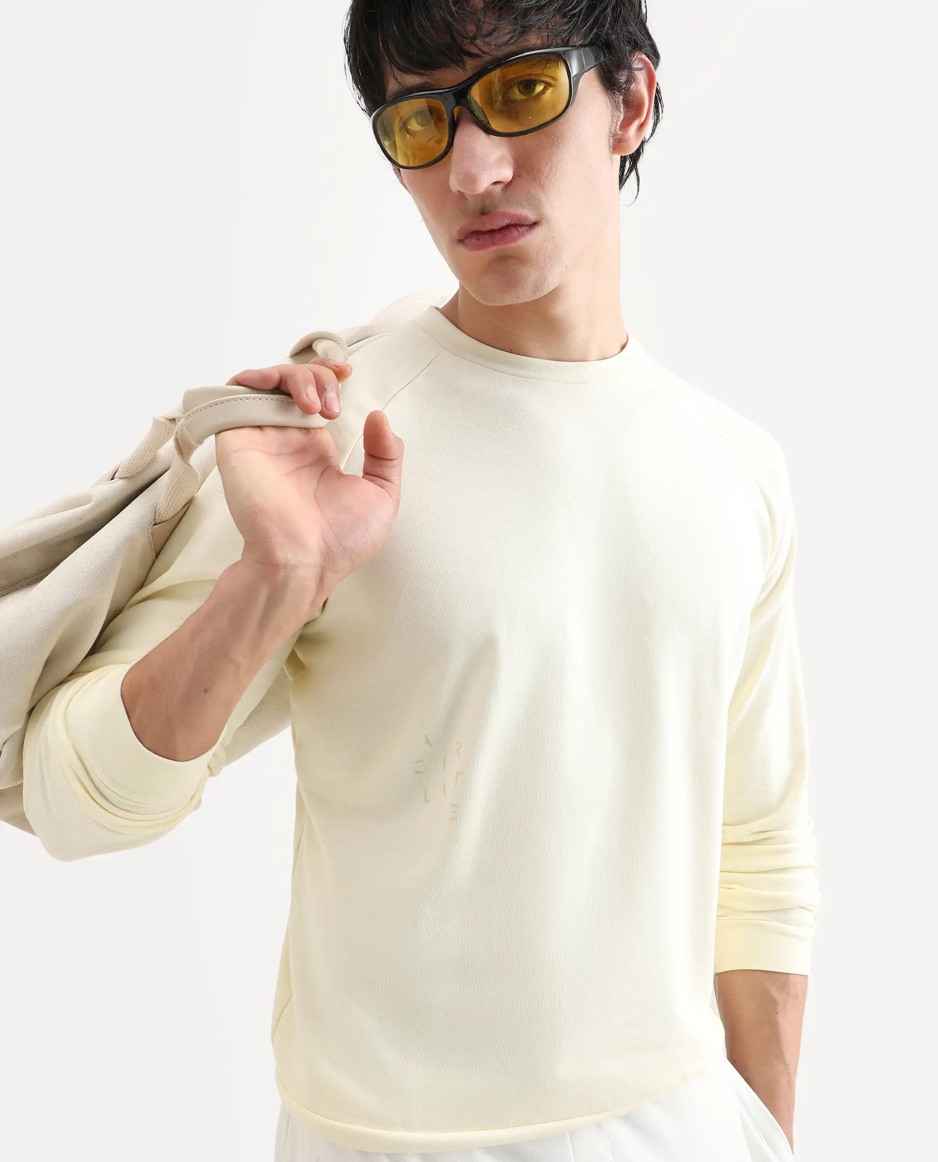 Rare Rabbit Articale Men's Arum Blonde Yellow Cotton Fabric Full Sleeves Solid Sweatshirt