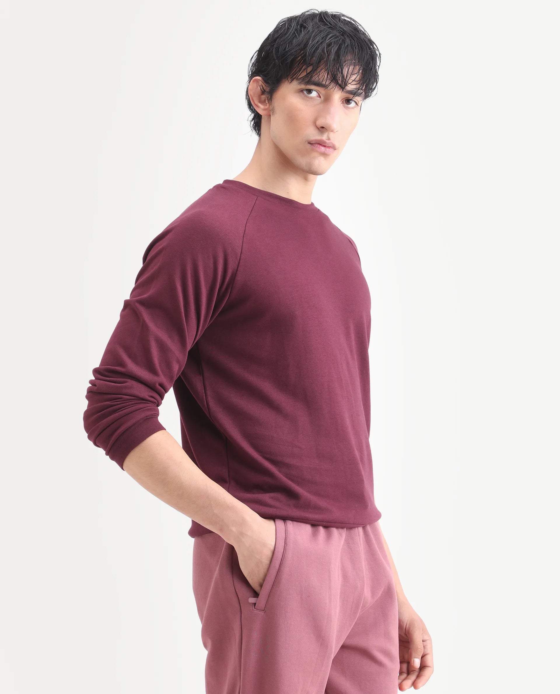 Rare Rabbit Articale Men's Arum Burnt Prune Cotton Fabric Full Sleeves Solid Sweatshirt