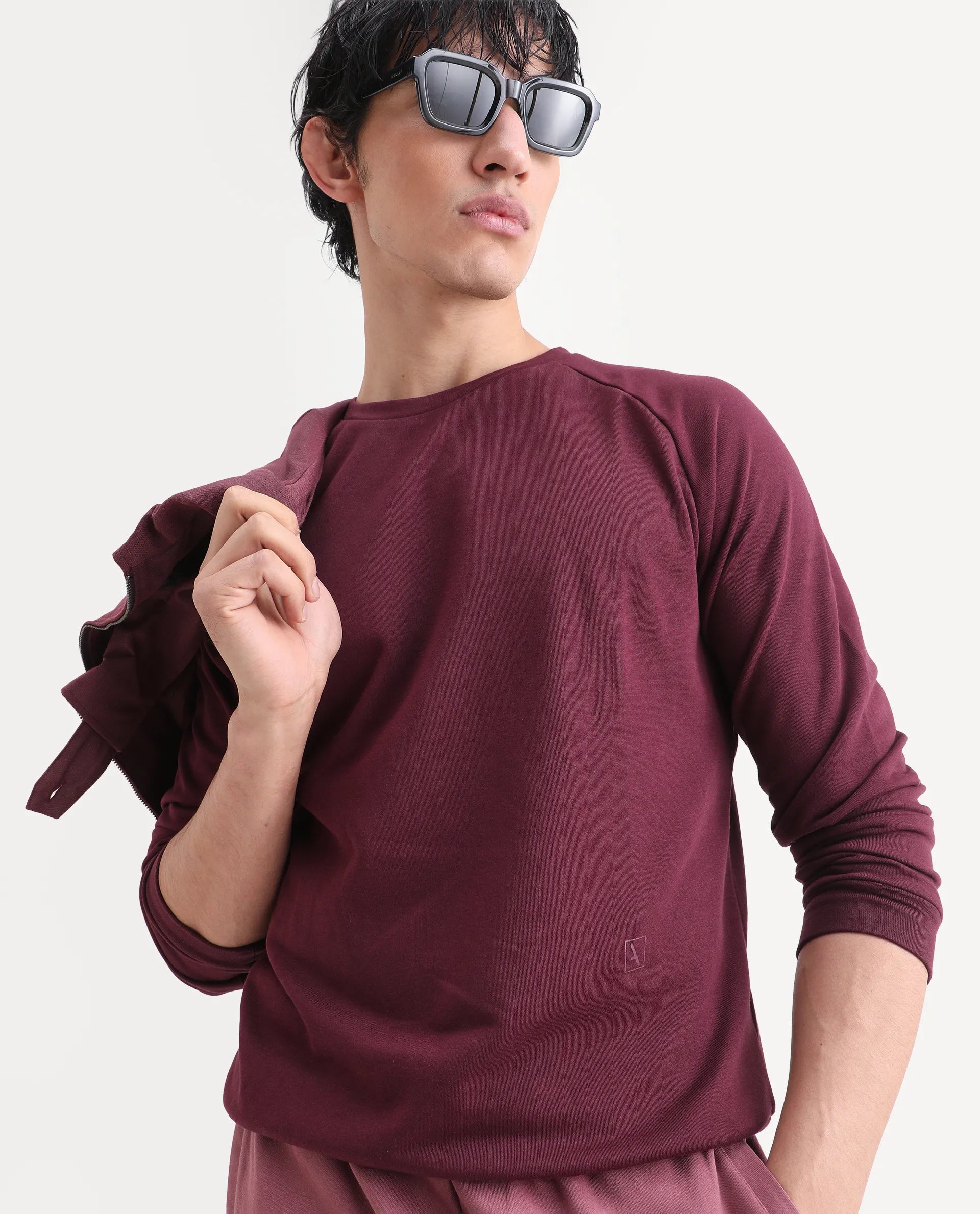 Rare Rabbit Articale Men's Arum Burnt Prune Cotton Fabric Full Sleeves Solid Sweatshirt