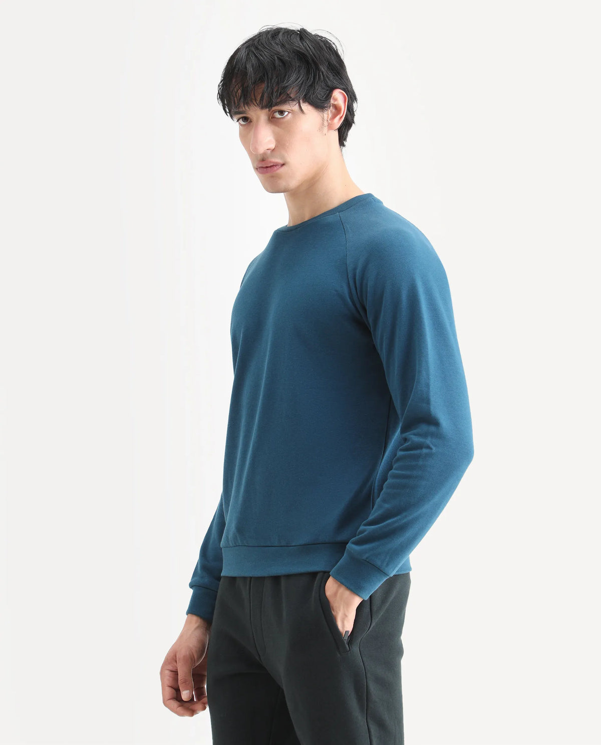 Rare Rabbit Articale Men's Arum Enamel Blue Cotton Fabric Full Sleeves Solid Sweatshirt