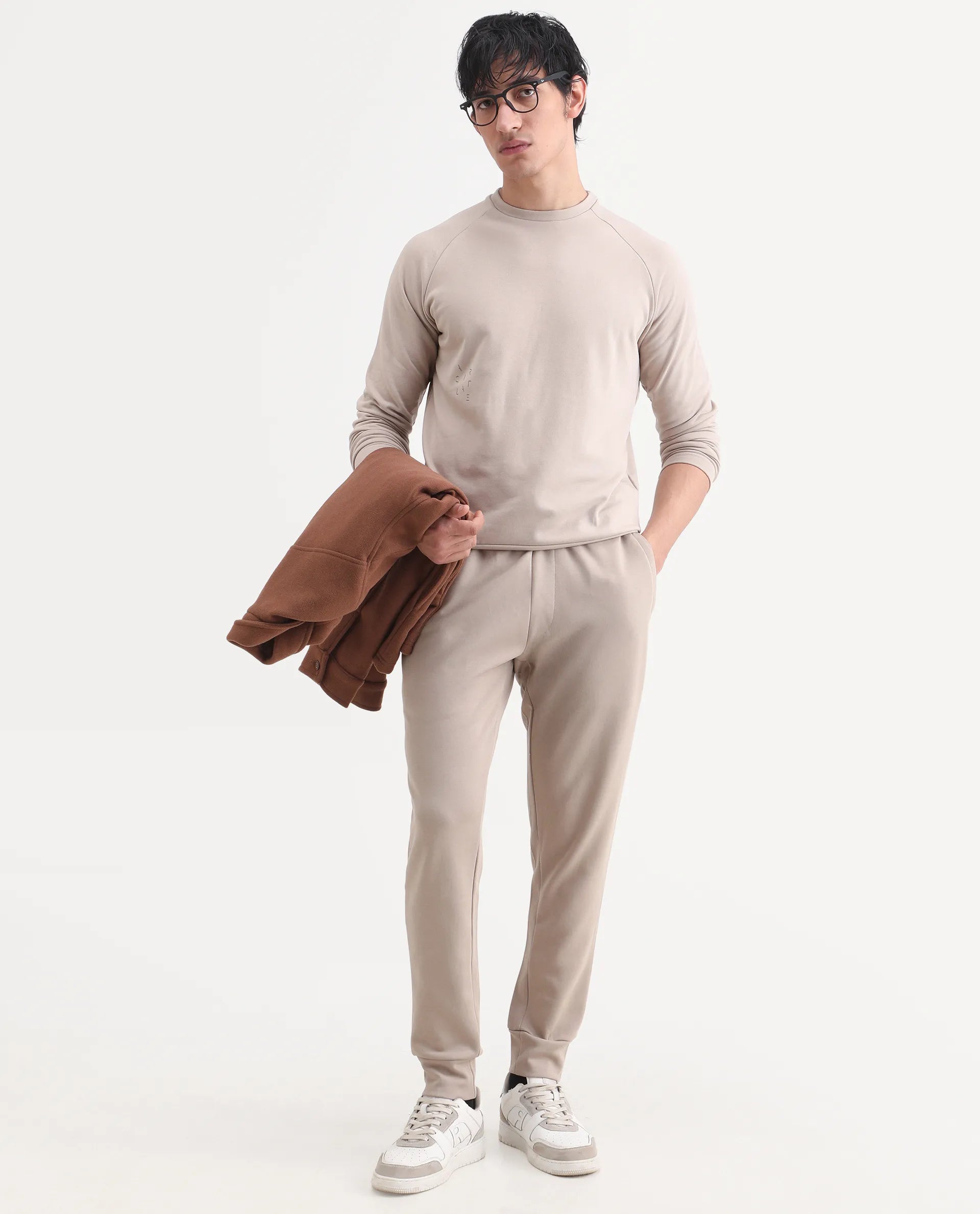 Rare Rabbit Articale Men's Arum Sand Beige Cotton Fabric Full Sleeves Solid Sweatshirt