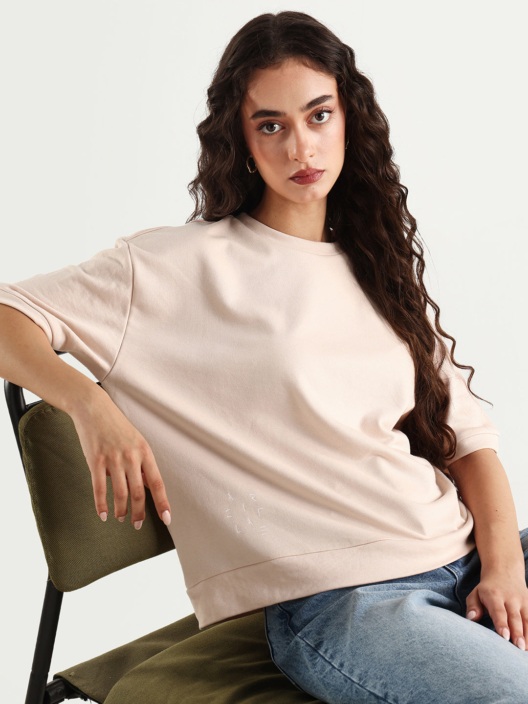 Rareism Women's Medium Weight Terry 290 Gsm Cotton Crew Neck Plain Relaxed Fit Sweat Tee