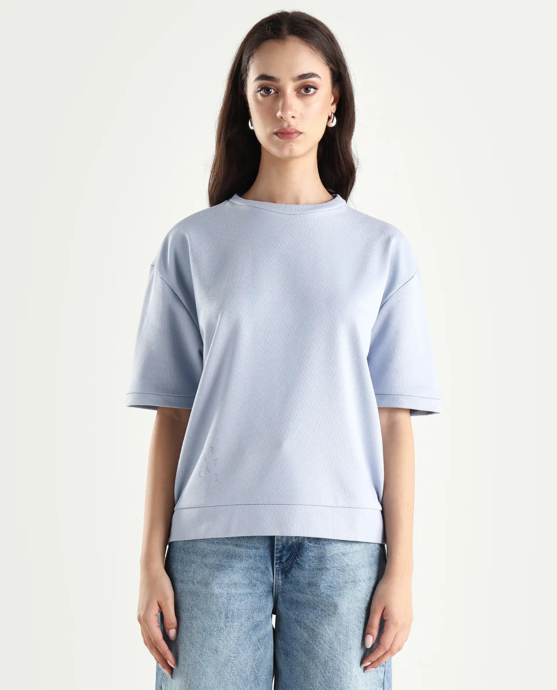 Rareism Women's Medium Weight Terry 290 Gsm Cotton Crew Neck Plain Relaxed Fit Sweat Tee