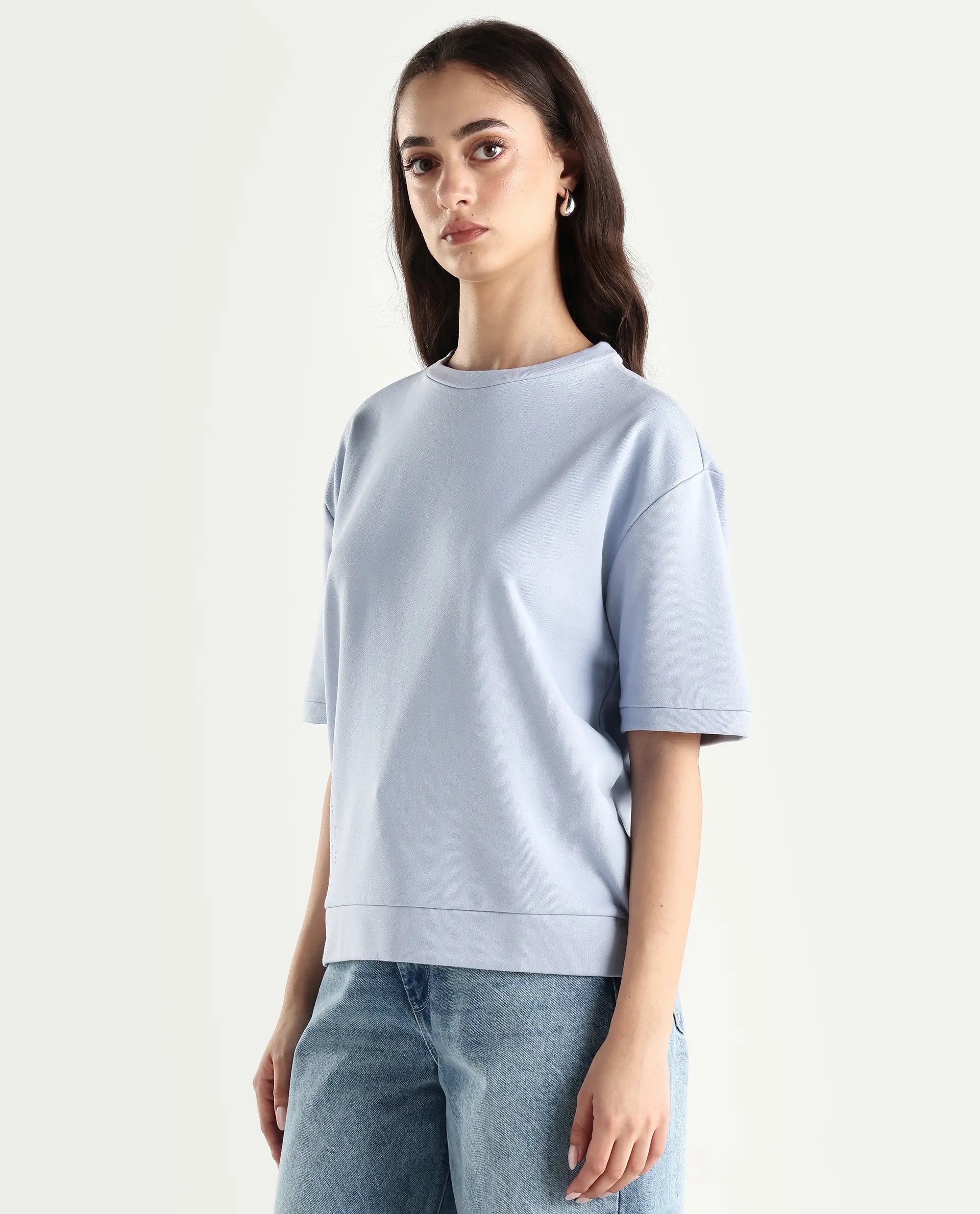 Rareism Women's Medium Weight Terry 290 Gsm Cotton Crew Neck Plain Relaxed Fit Sweat Tee