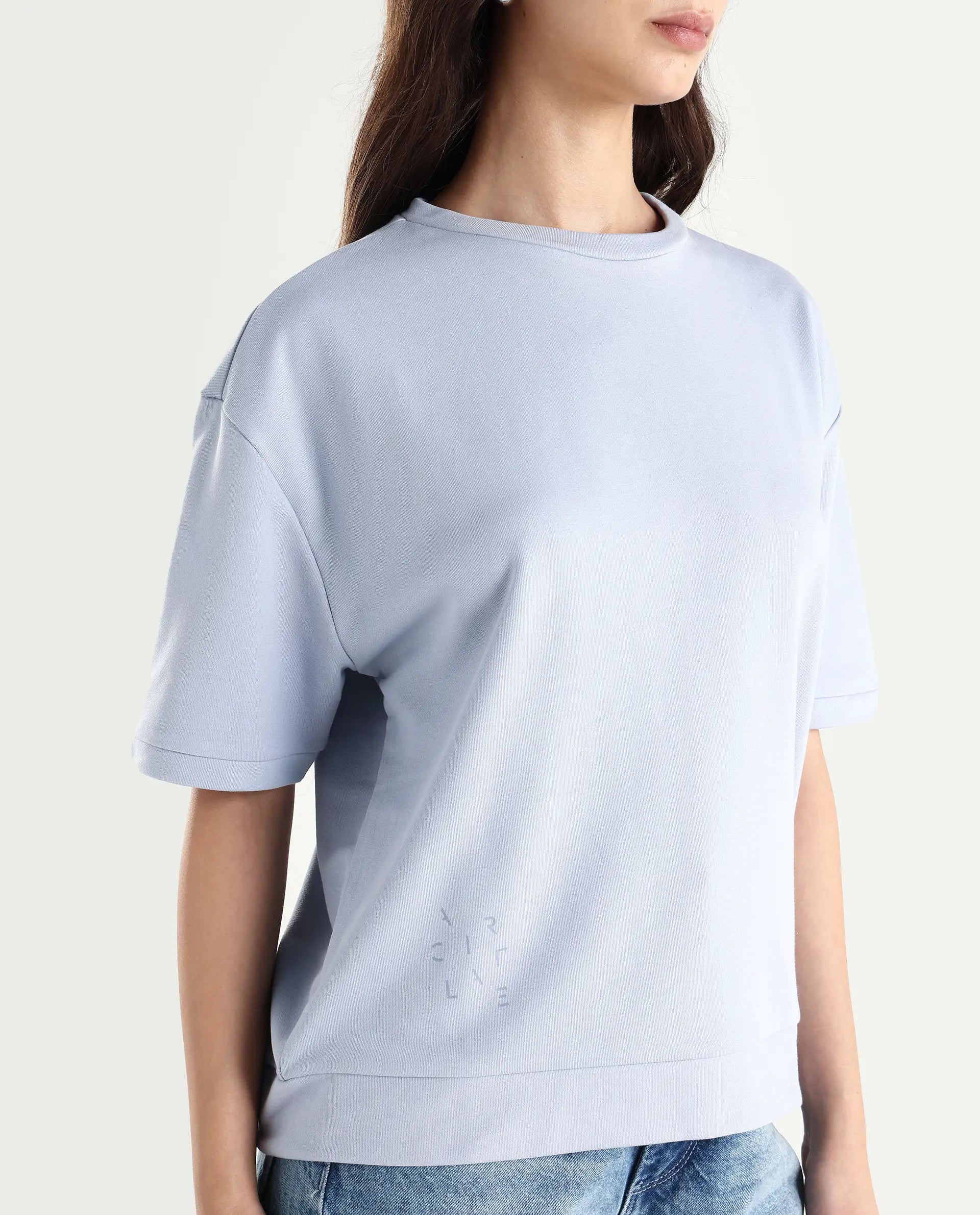 Rareism Women's Medium Weight Terry 290 Gsm Cotton Crew Neck Plain Relaxed Fit Sweat Tee